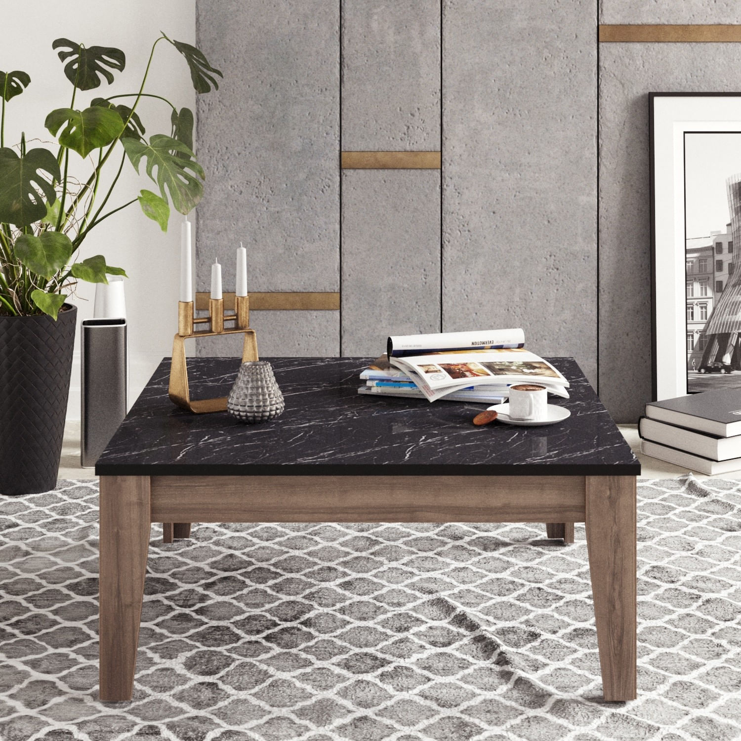 Masuta de cafea, Hanah Home, pal melaminat, nuc si negru, 85x85x35 cm — imaginea 3