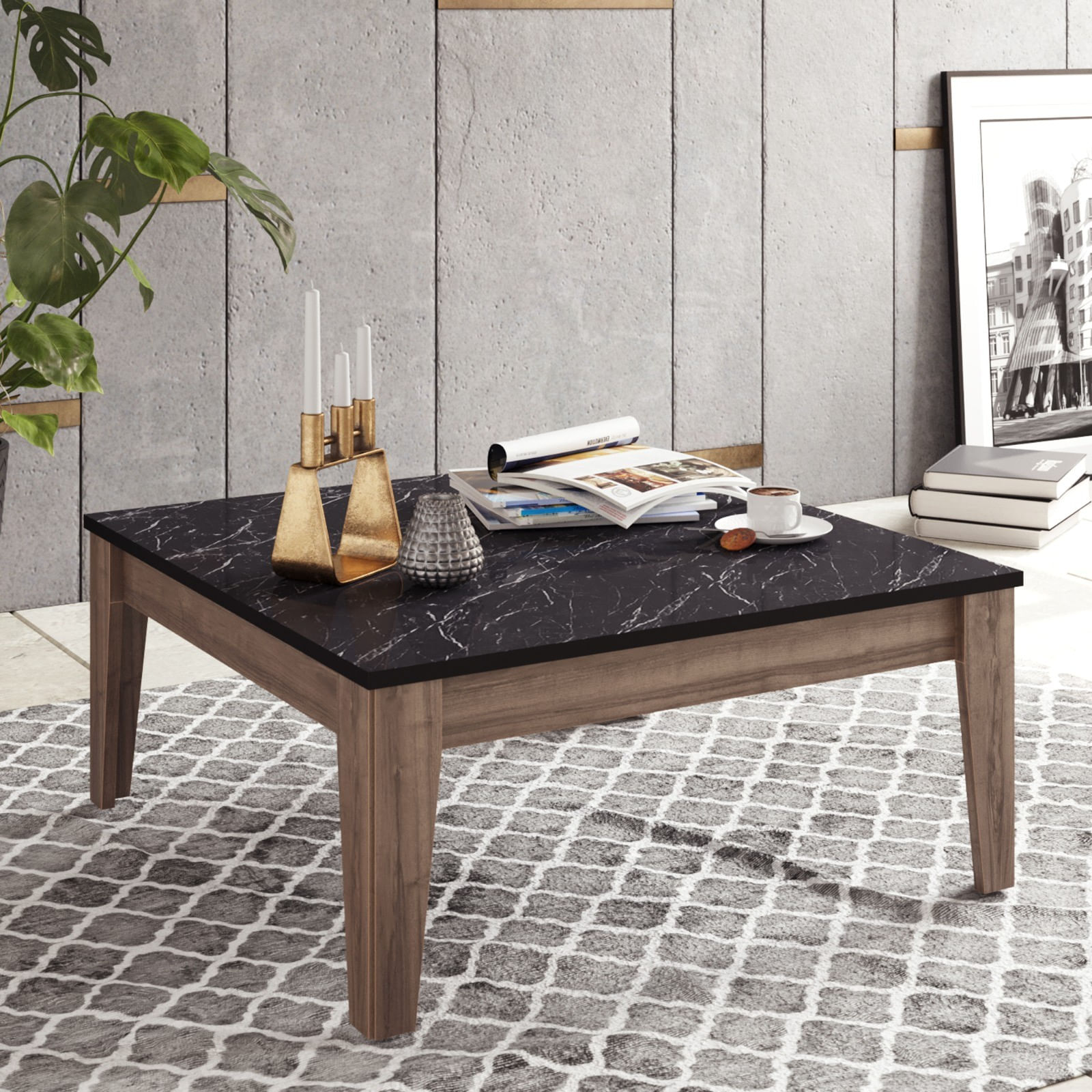 Masuta de cafea, Hanah Home, pal melaminat, nuc si negru, 85x85x35 cm — imaginea 4