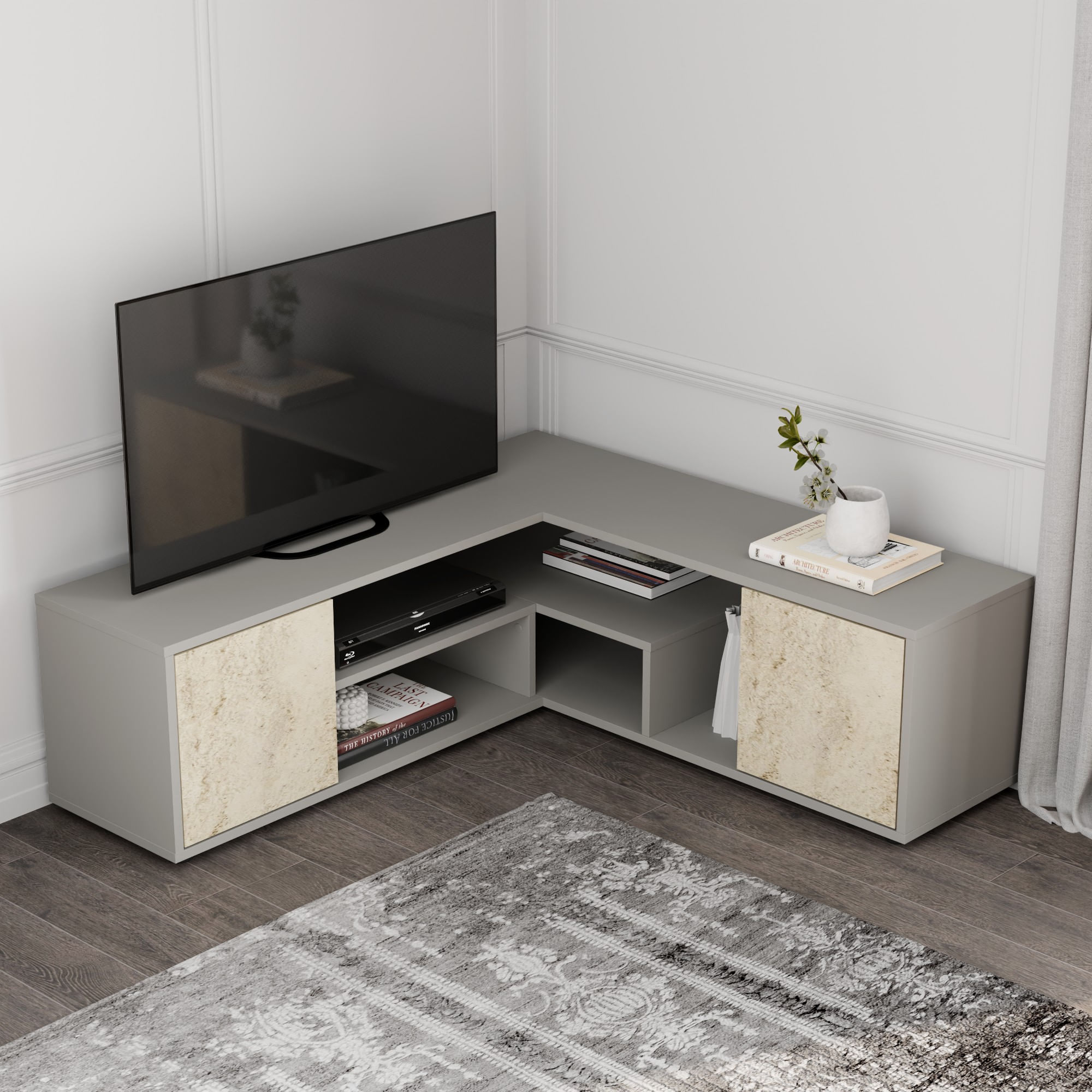 Comoda tv, Hanah Home, pal melaminat, gri si travertin, 125x40x35 cm — imaginea 6