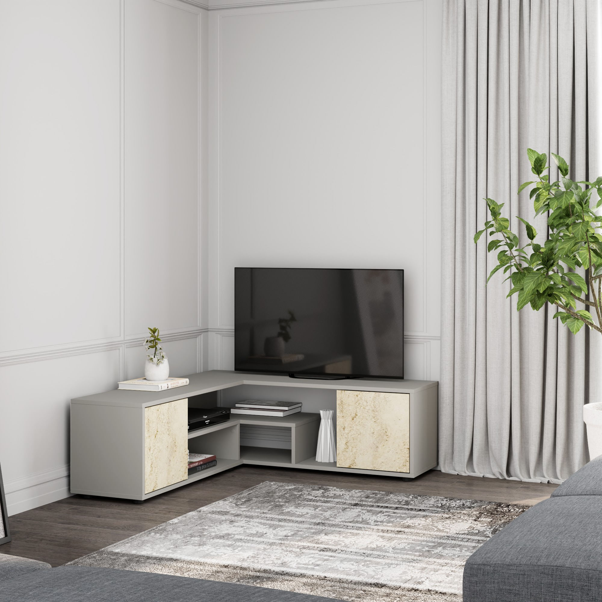 Comoda tv, Hanah Home, pal melaminat, gri si travertin, 125x40x35 cm — imaginea 7