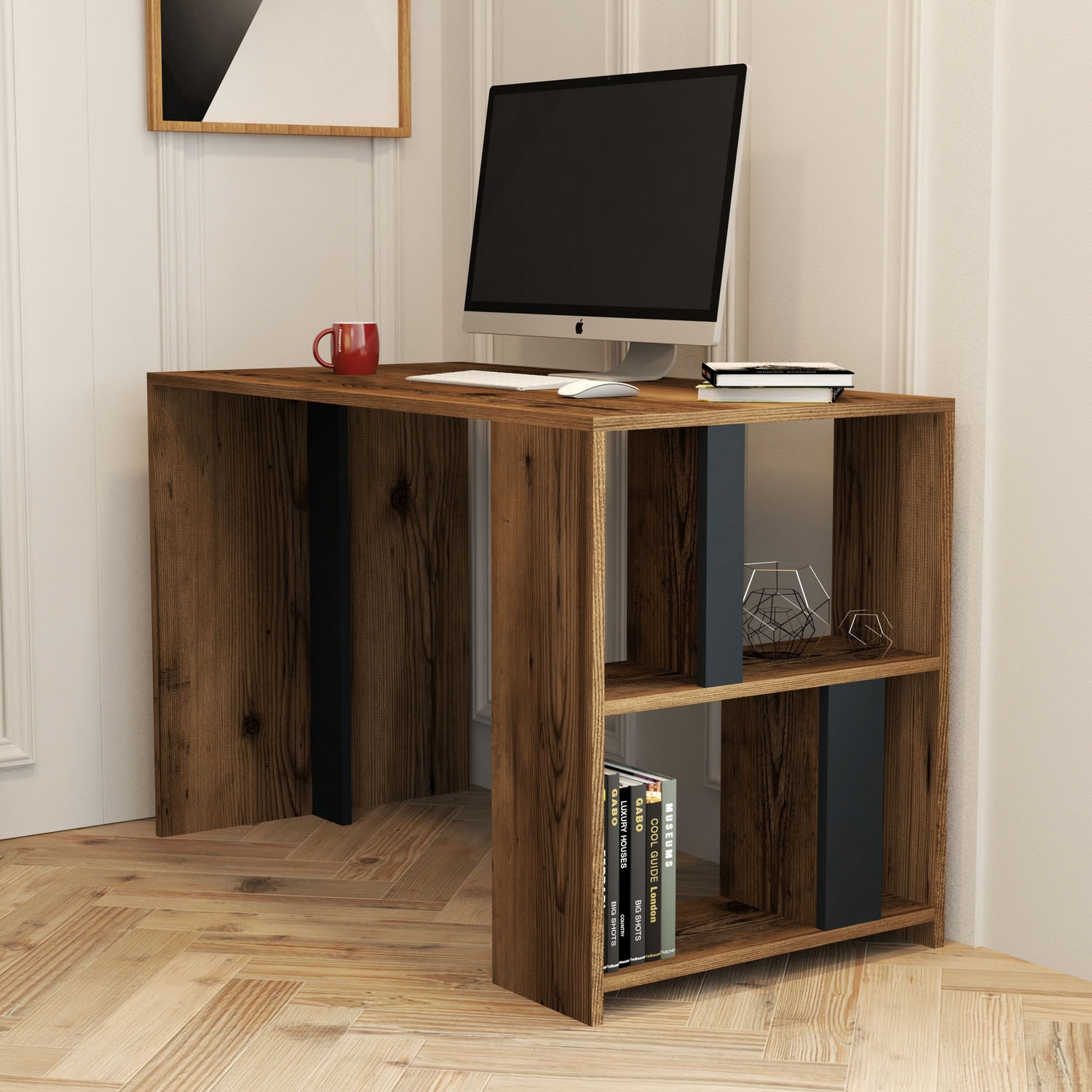 Birou de studiu, Hanah Home, panou de particule melaminat, nuc si antracit, 120x60x75.4 cm — imaginea 6