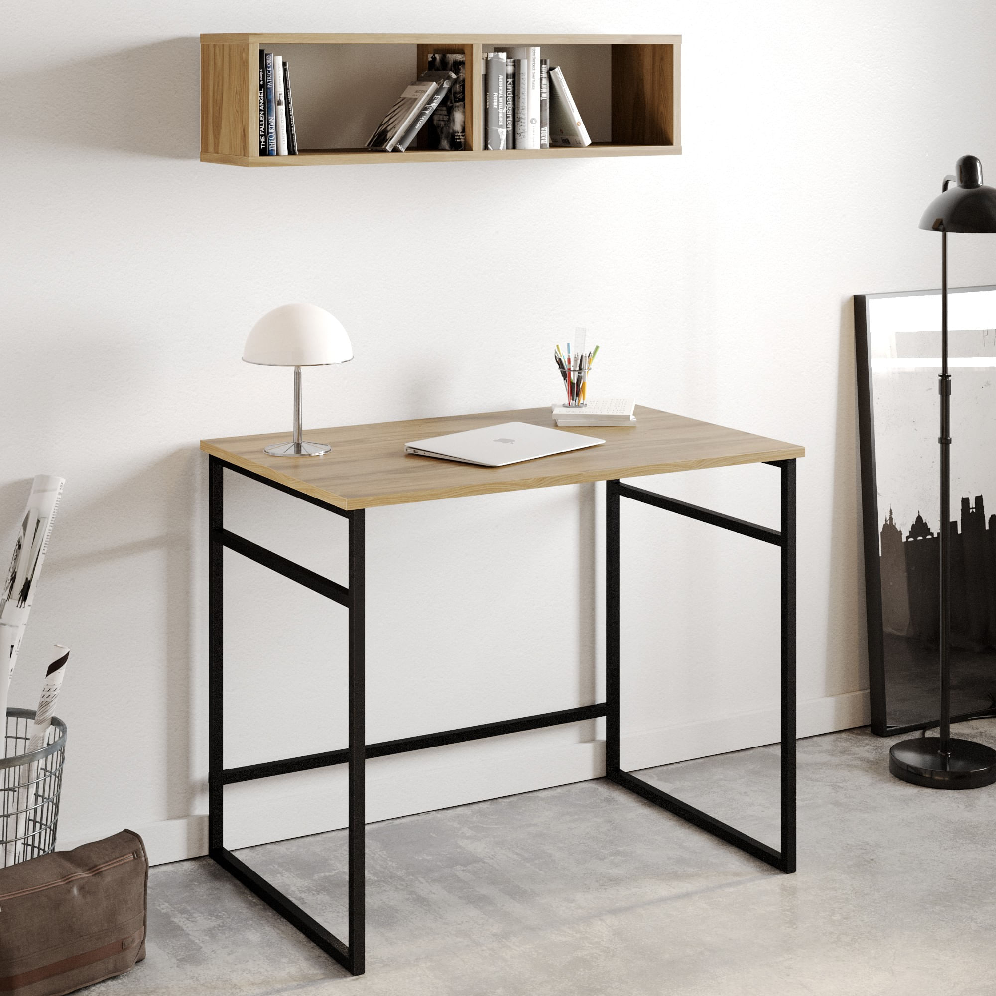 Birou de studiu, Hanah Home, pal melaminat, stejar si negru, 90x60x75 cm — imaginea 5