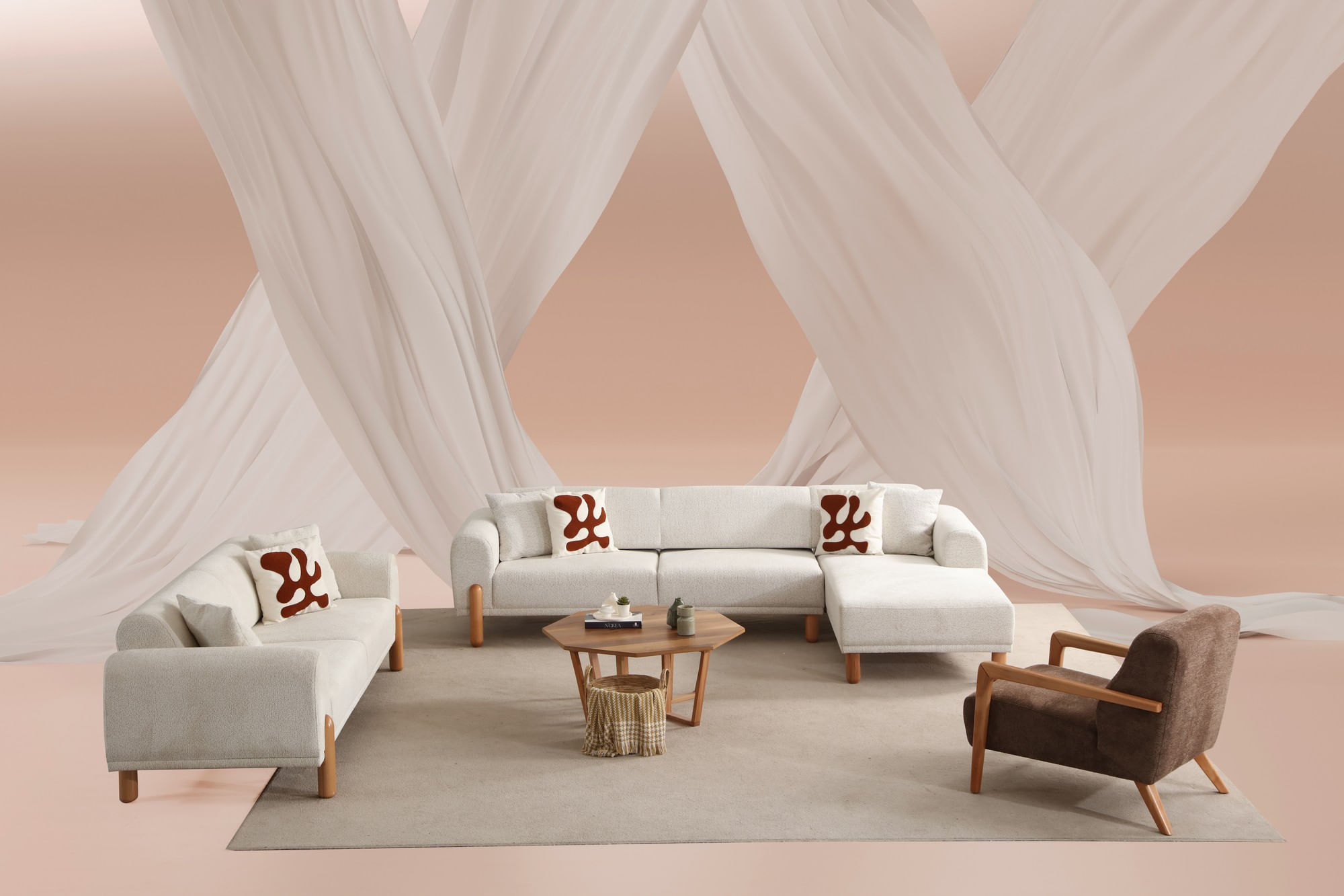 Canapea extensibila 3 locuri, Atelier Del Sofa, lemn de fag, crem, 228x88x75 cm