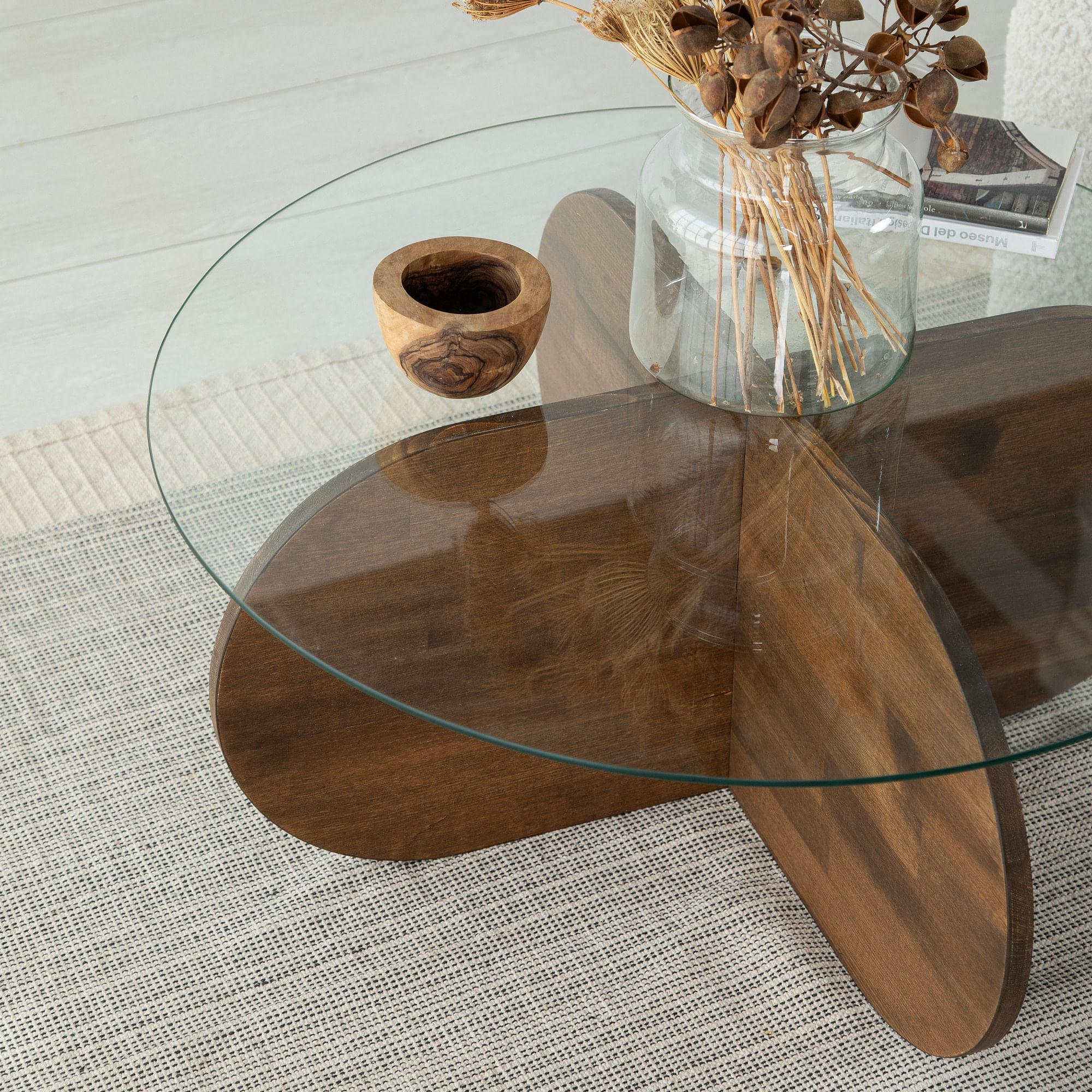 Masuta de cafea, Hanah Home, blat sticla securizata, cadru lemn masiv de pin, nuc, 75x75x35 cm — imaginea 2