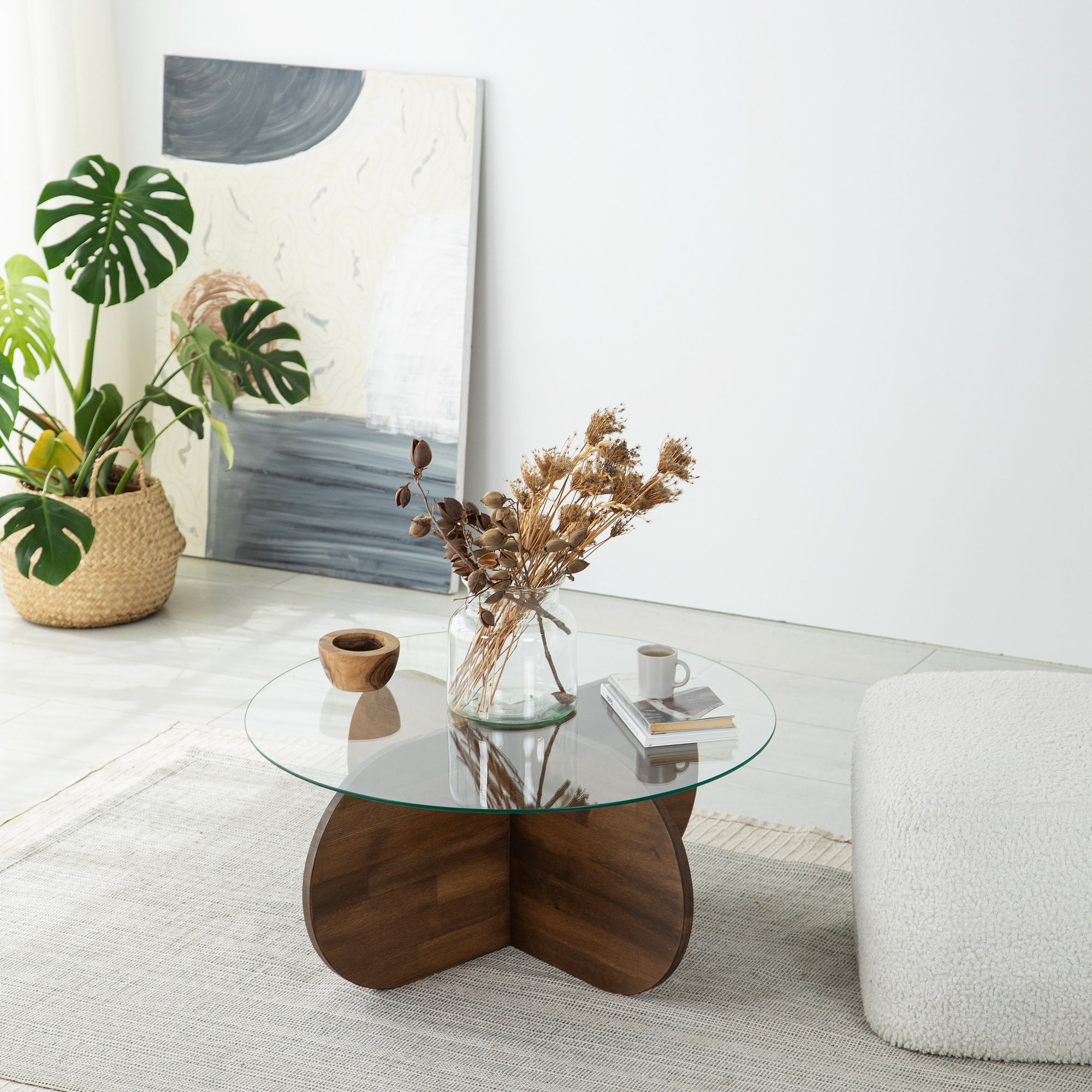 Masuta de cafea, Hanah Home, blat sticla securizata, cadru lemn masiv de pin, nuc, 75x75x35 cm — imaginea 3