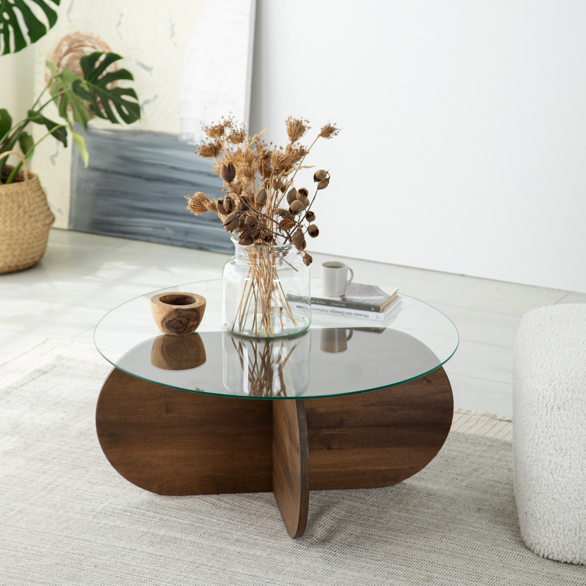 Masuta de cafea, Hanah Home, blat sticla securizata, cadru lemn masiv de pin, nuc, 75x75x35 cm — imaginea 4