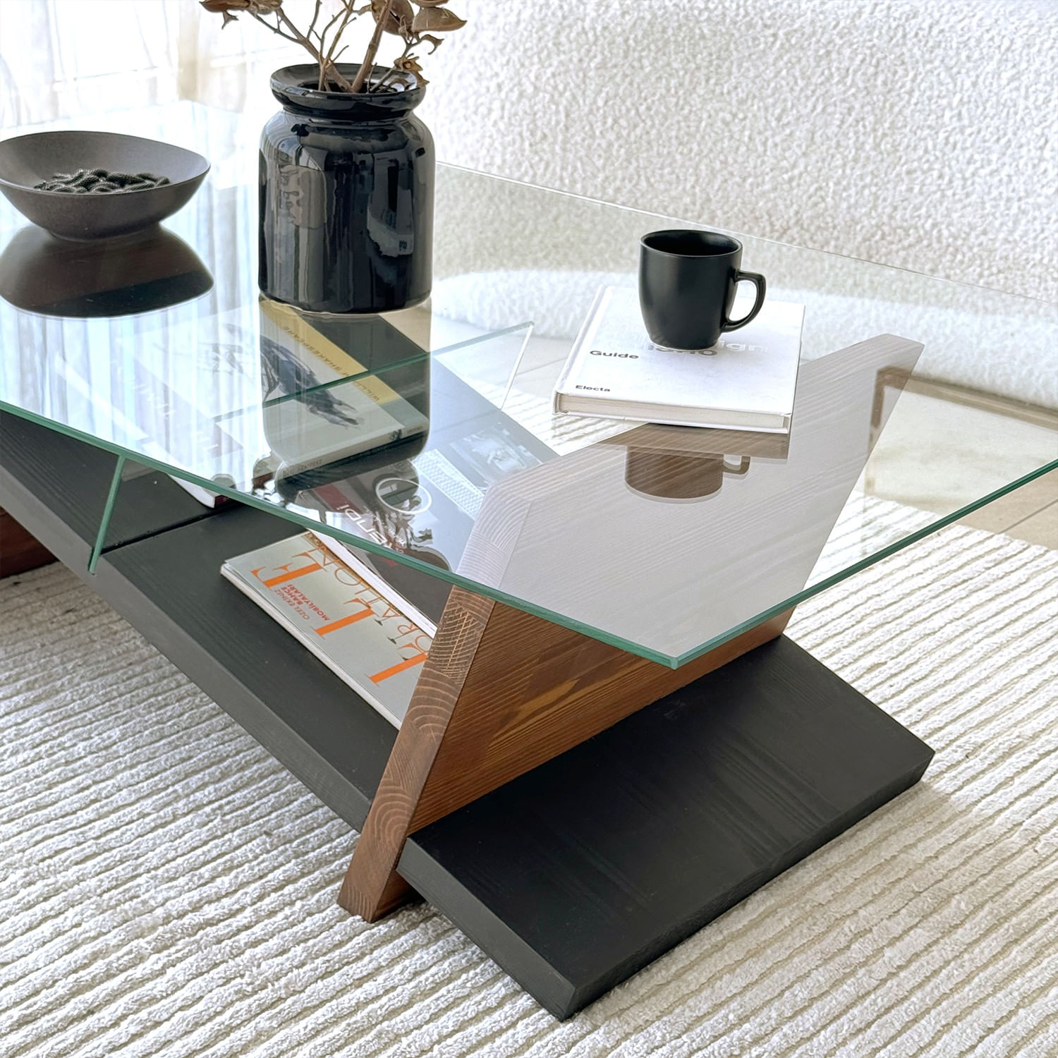 Masuta de cafea, Hanah Home, sticla securizata si lemn masiv, negru si castan, 105x65x31 cm — imaginea 3