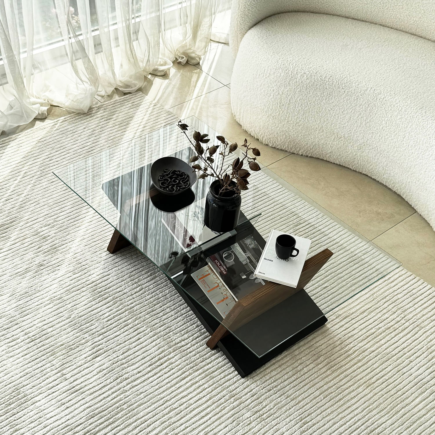 Masuta de cafea, Hanah Home, sticla securizata si lemn masiv, negru si castan, 105x65x31 cm — imaginea 4