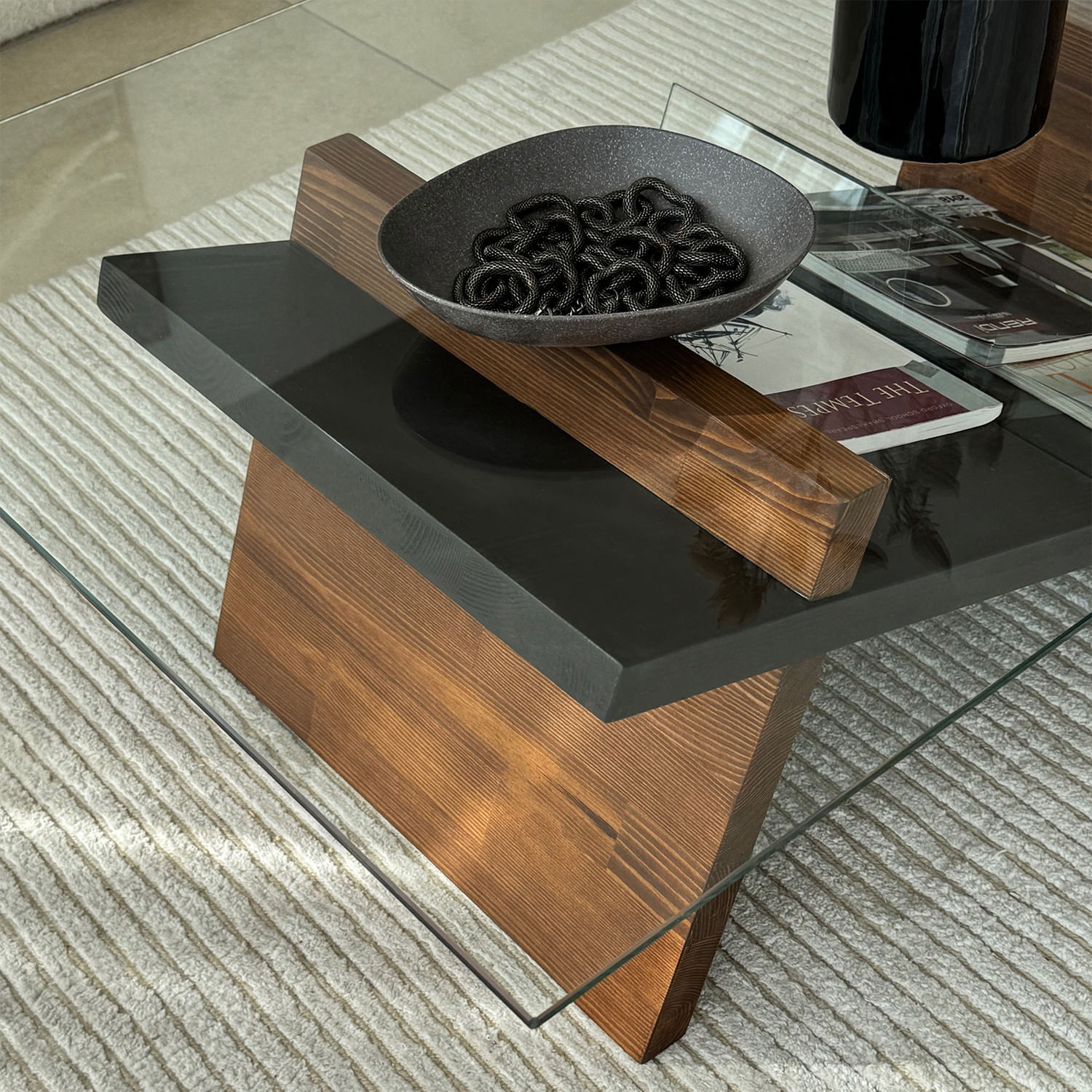 Masuta de cafea, Hanah Home, sticla securizata si lemn masiv, negru si castan, 105x65x31 cm — imaginea 6