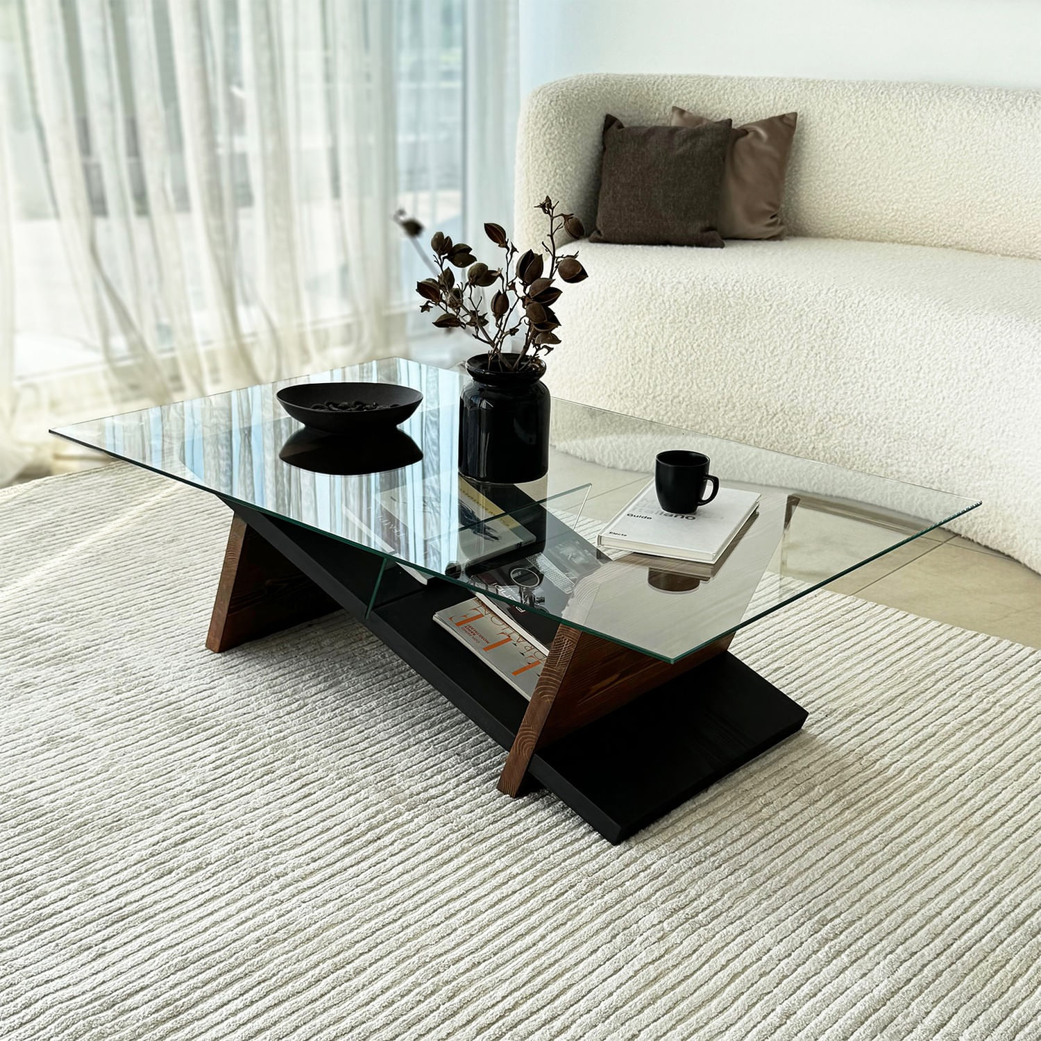 Masuta de cafea, Hanah Home, sticla securizata si lemn masiv, negru si castan, 105x65x31 cm — imaginea 7