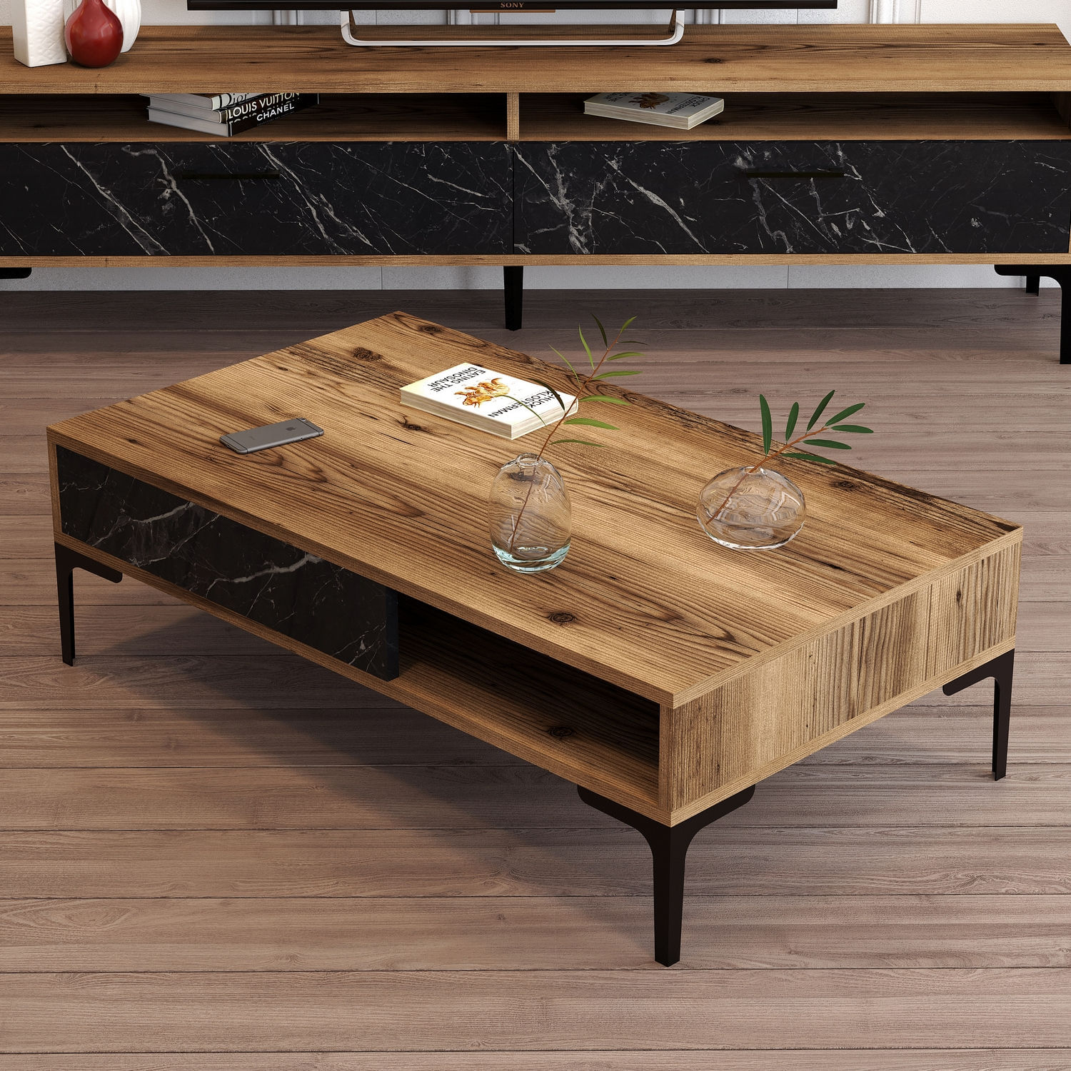 Masuta de cafea, Hanah Home, pal melaminat, nuc si negru, 105x60x32.6 cm — imaginea 3