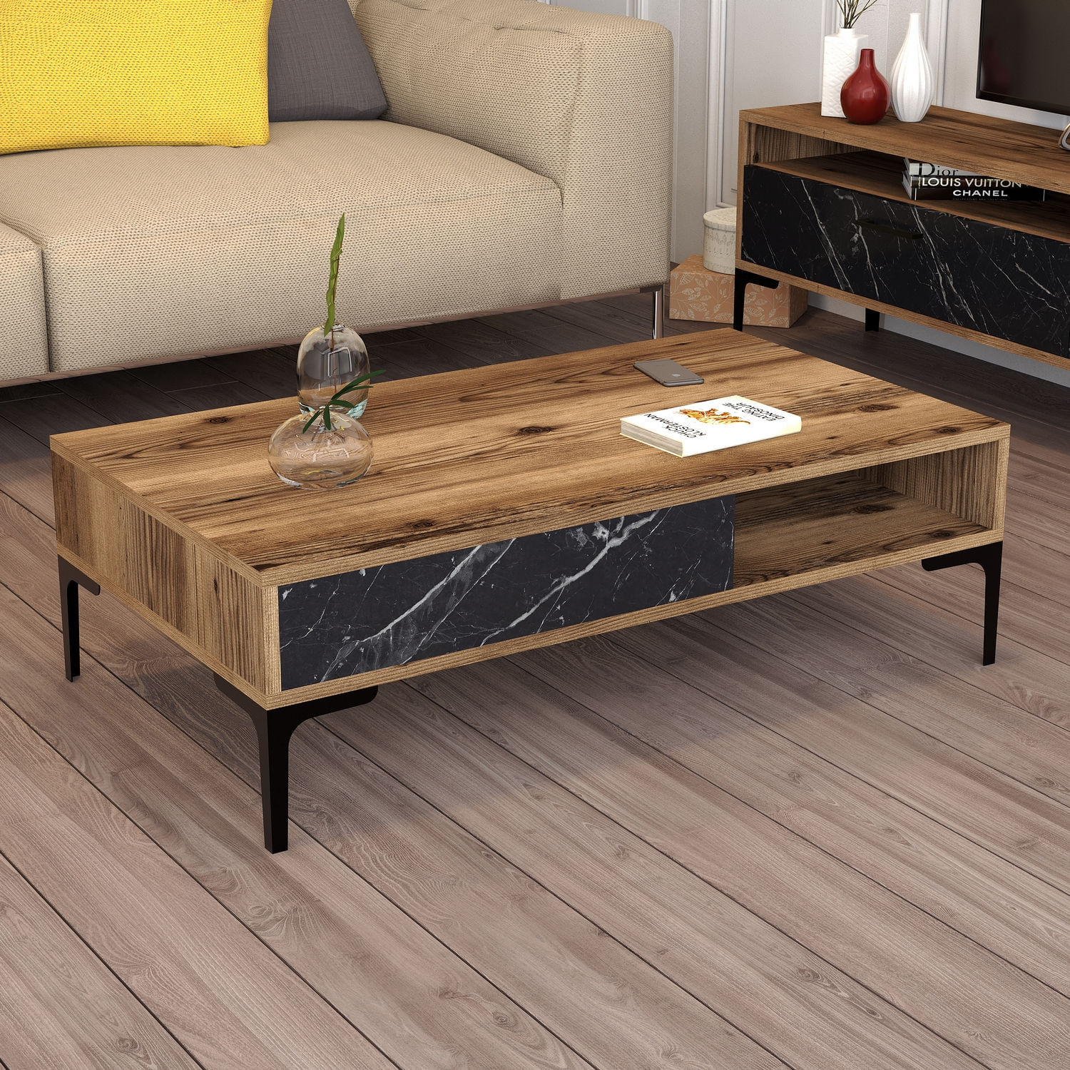 Masuta de cafea, Hanah Home, pal melaminat, nuc si negru, 105x60x32.6 cm — imaginea 4