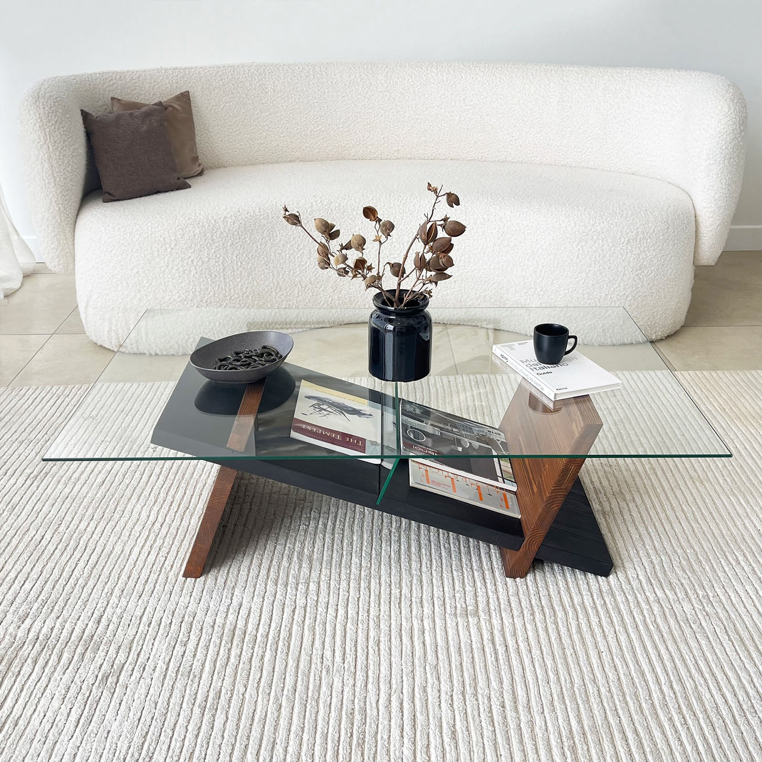 Masuta de cafea, Hanah Home, sticla securizata si lemn masiv, negru si castan, 105x65x31 cm — imaginea 8