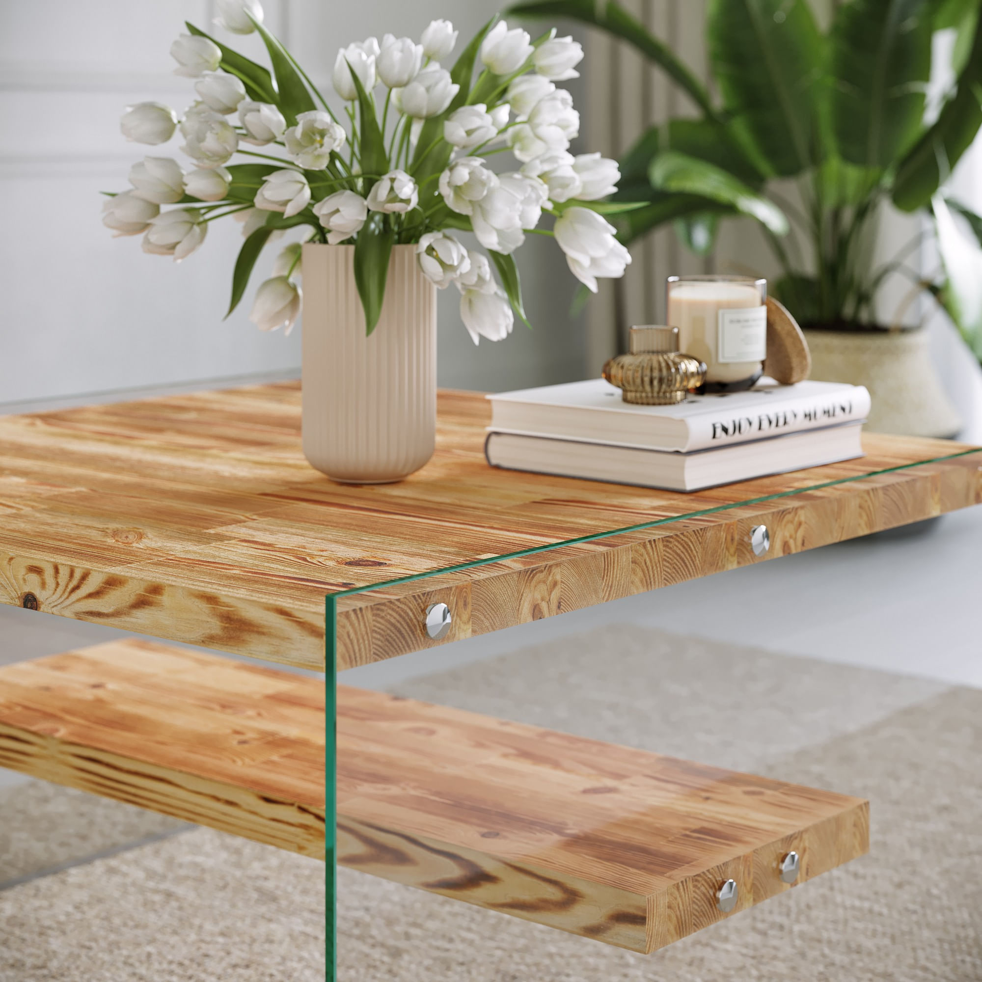 Masuta de cafea, Hanah Home, lemn masiv de pin, stejar, 75x75x40 cm — imaginea 2