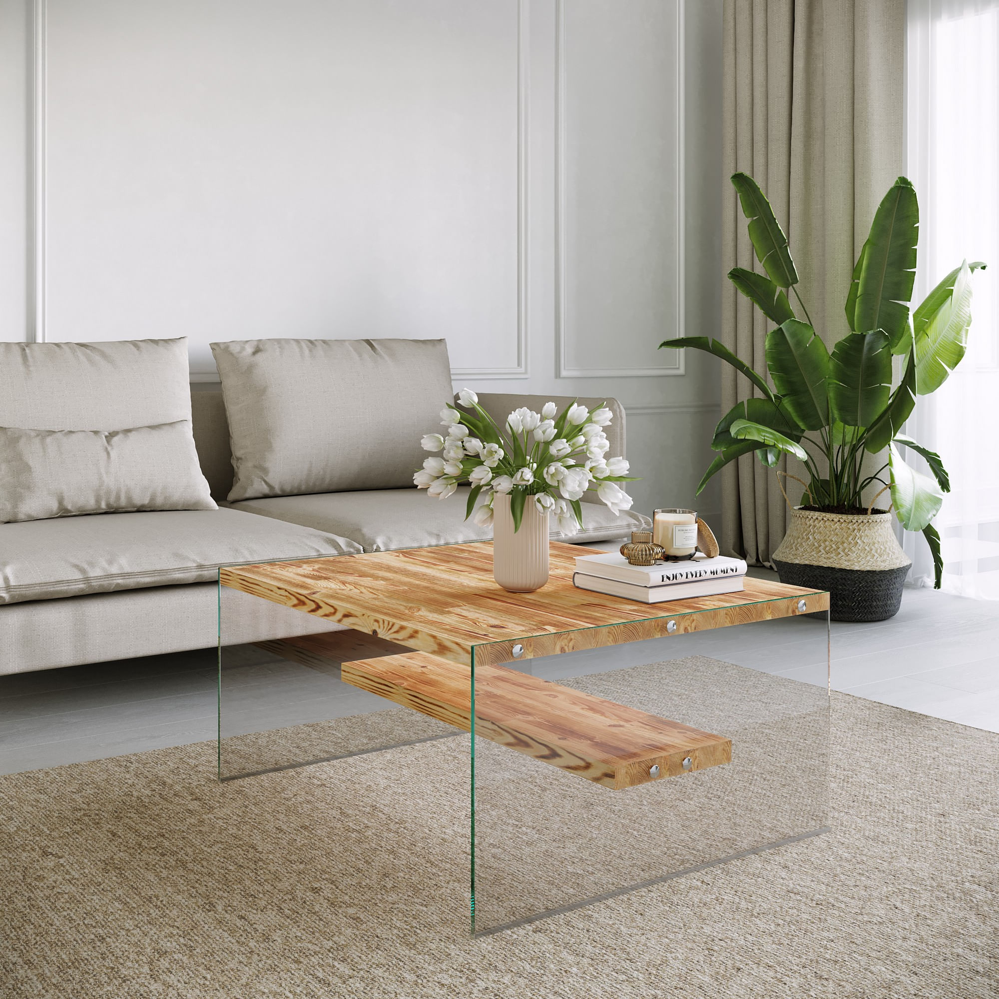 Masuta de cafea, Hanah Home, lemn masiv de pin, stejar, 75x75x40 cm — imaginea 3