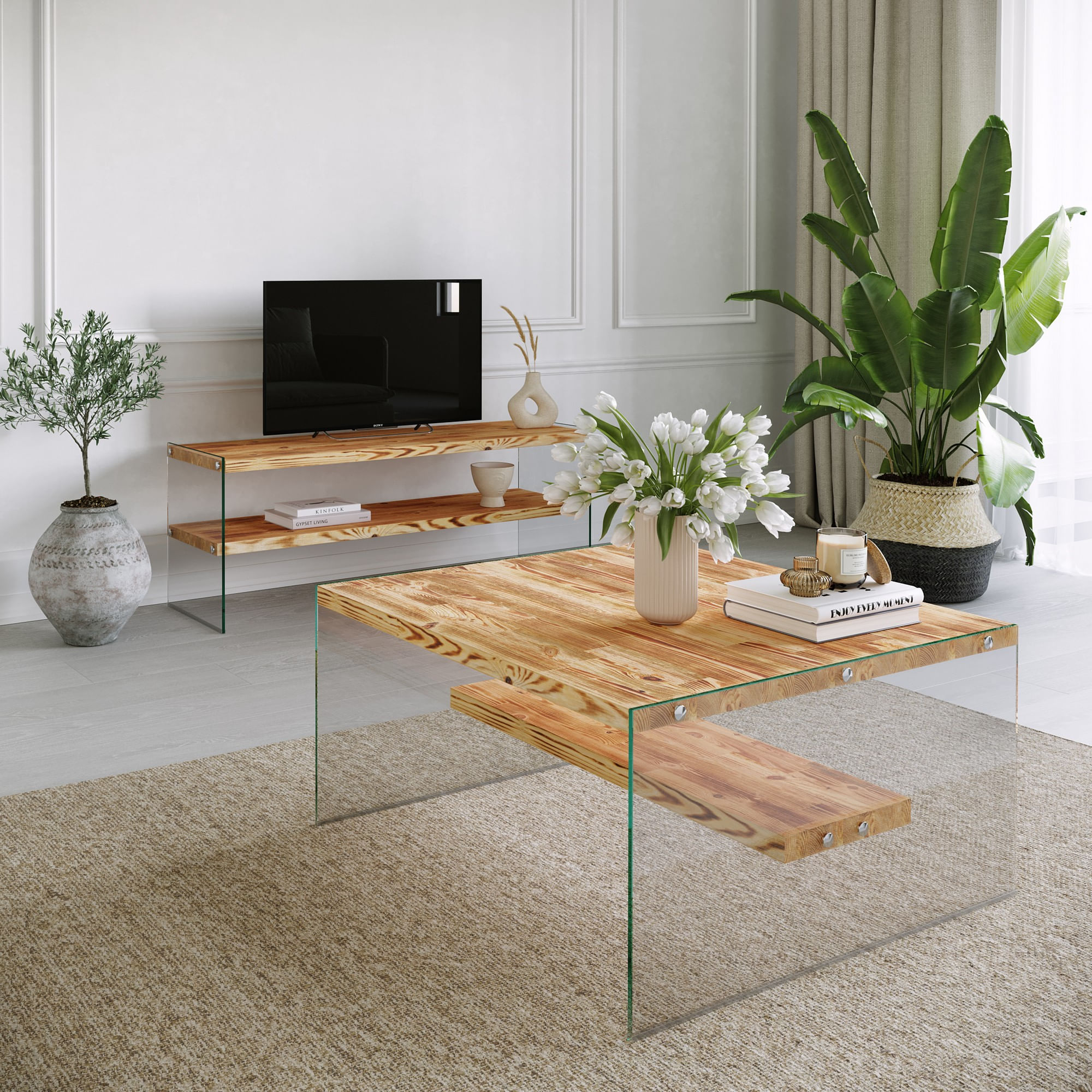Masuta de cafea, Hanah Home, lemn masiv de pin, stejar, 75x75x40 cm — imaginea 4