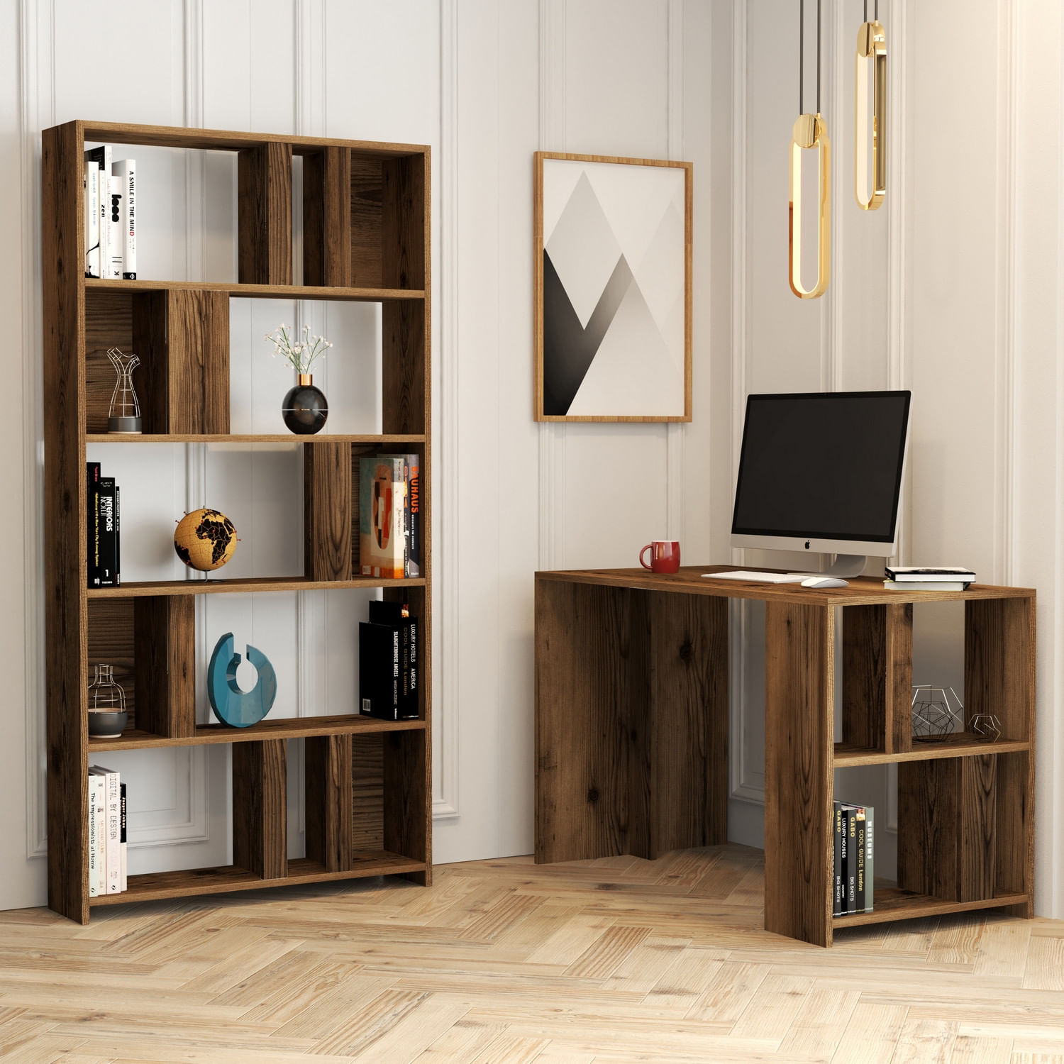 Birou cu rafturi, Hanah Home, pal melaminat, nuc, 120x60x75.4 cm — imaginea 2