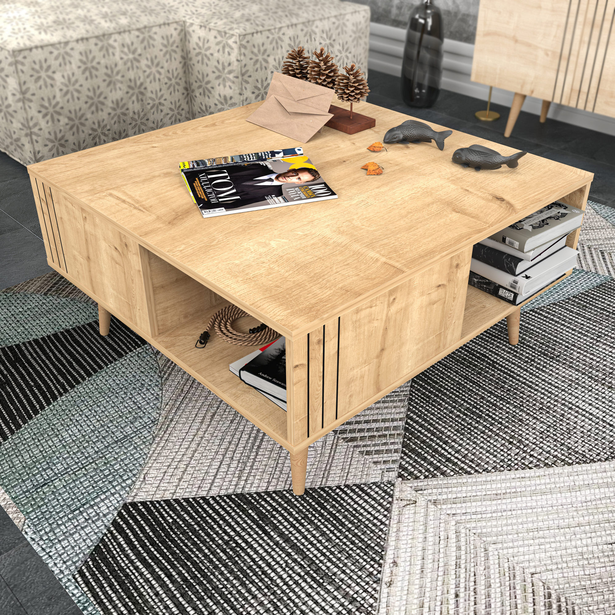 Masuta de cafea, Hanah Home, pal melaminat, stejar, 89.6x89.6x46.5 cm — imaginea 3