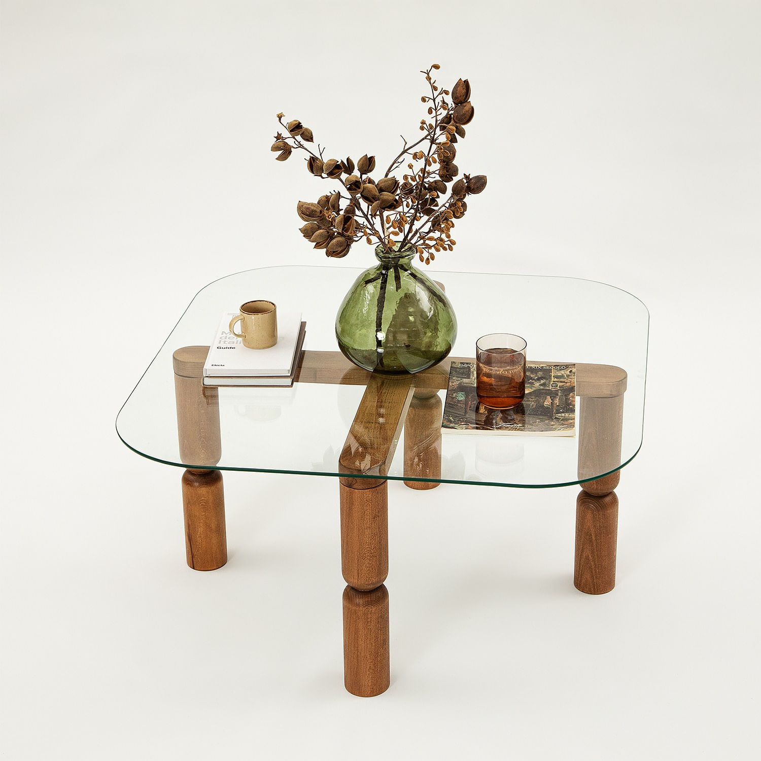 Masa de cafea, Hanah Home, sticla calita, cadru lemn masiv, nuc, 80x80x40 cm — imaginea 2