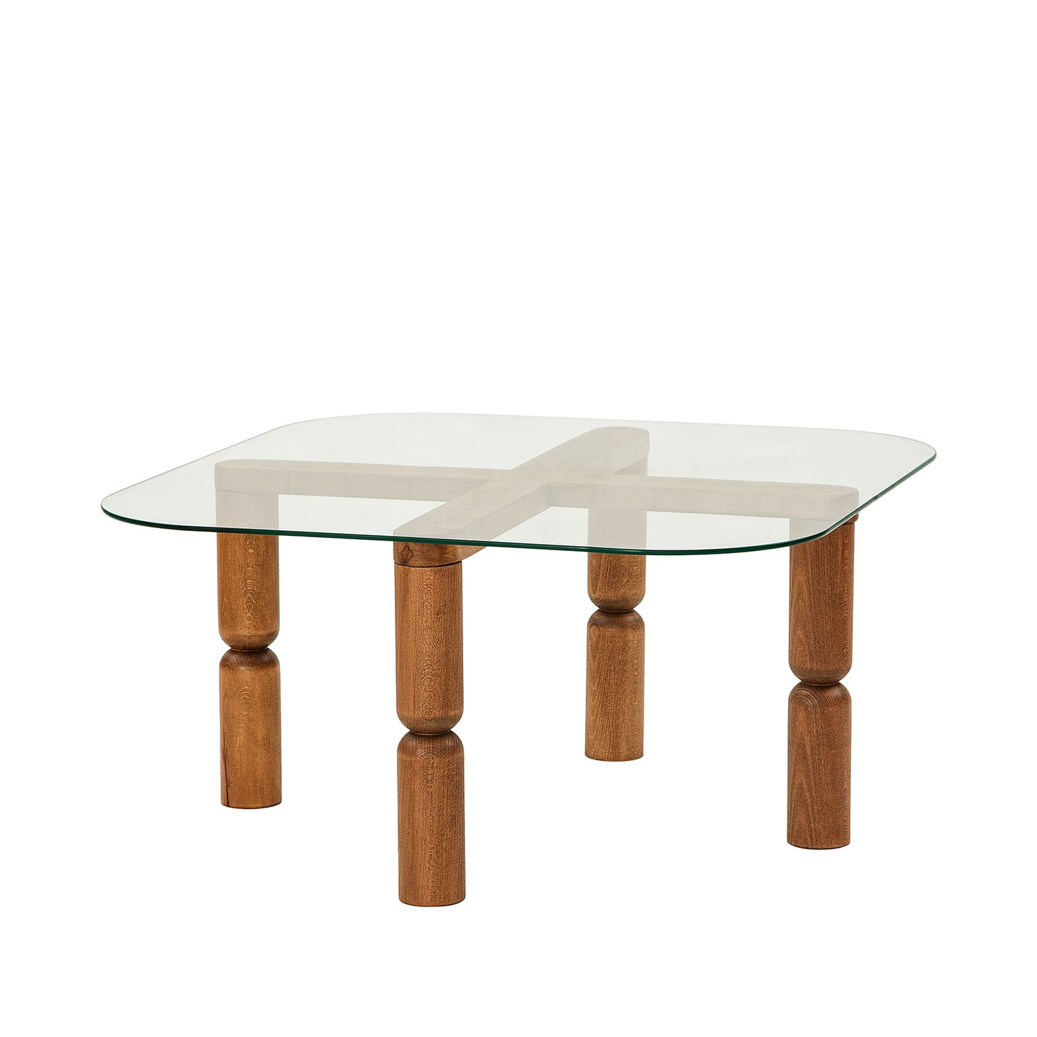 Masa de cafea, Hanah Home, sticla calita, cadru lemn masiv, nuc, 80x80x40 cm — imaginea 3