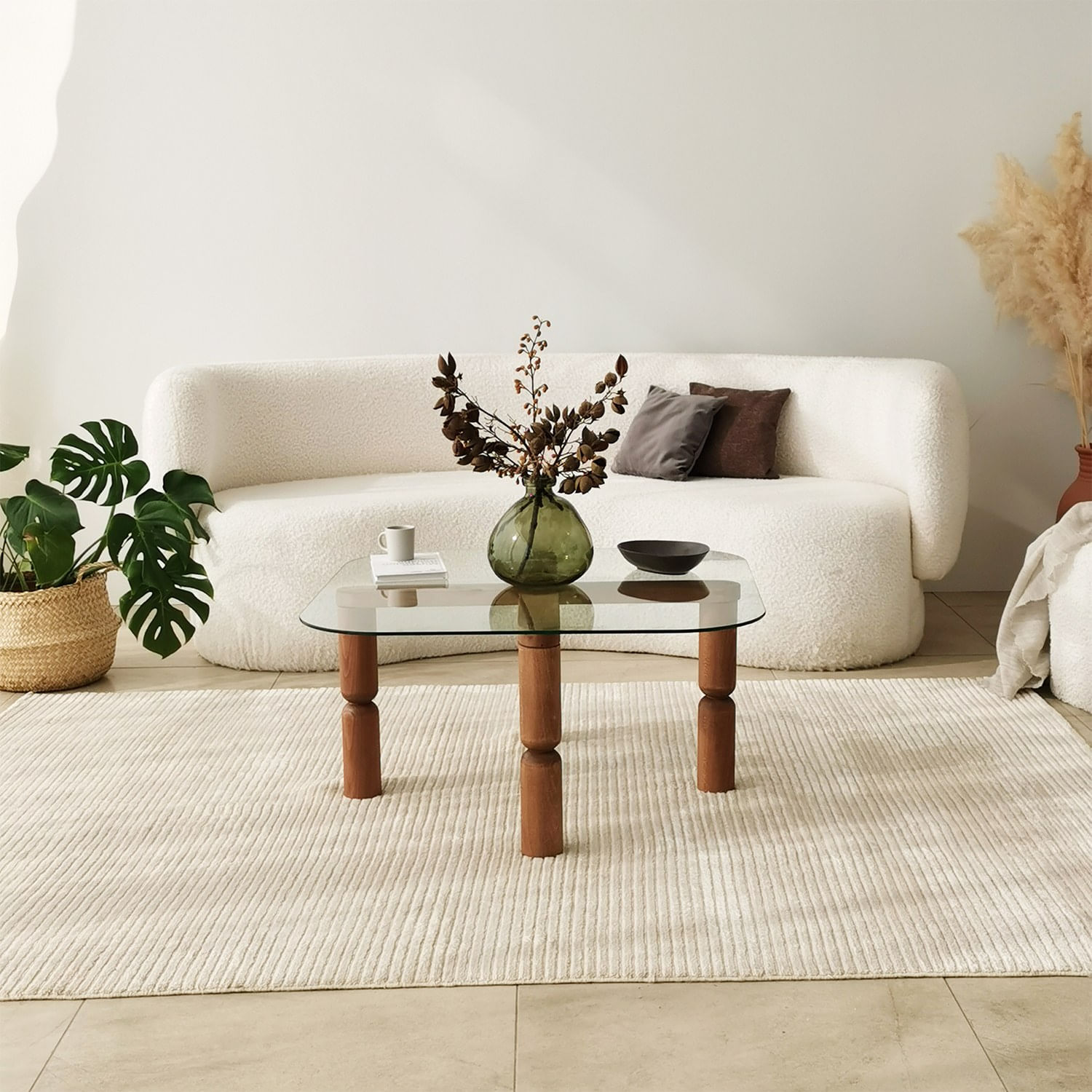 Masa de cafea, Hanah Home, sticla calita, cadru lemn masiv, nuc, 80x80x40 cm — imaginea 4