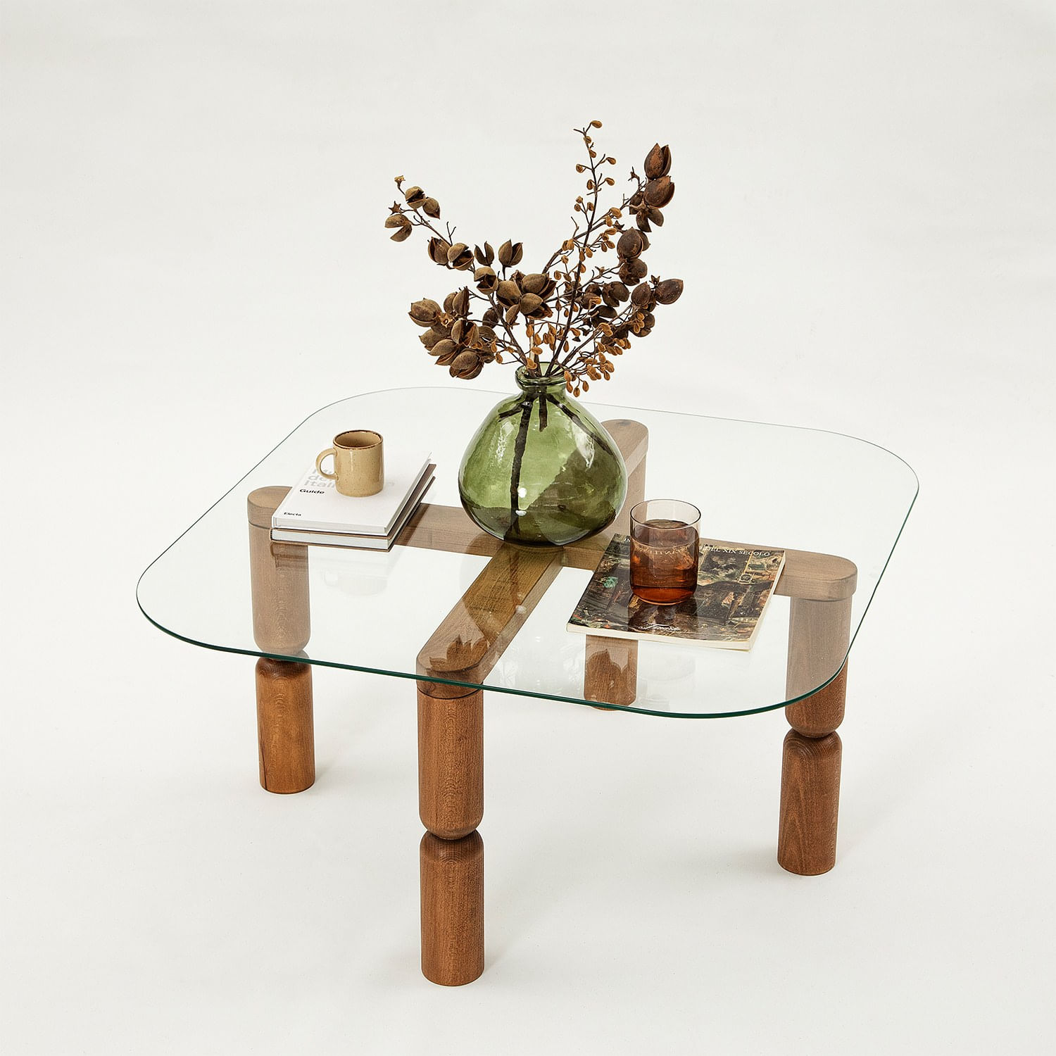 Masa de cafea, Hanah Home, sticla calita, cadru lemn masiv, nuc, 80x80x40 cm — imaginea 6