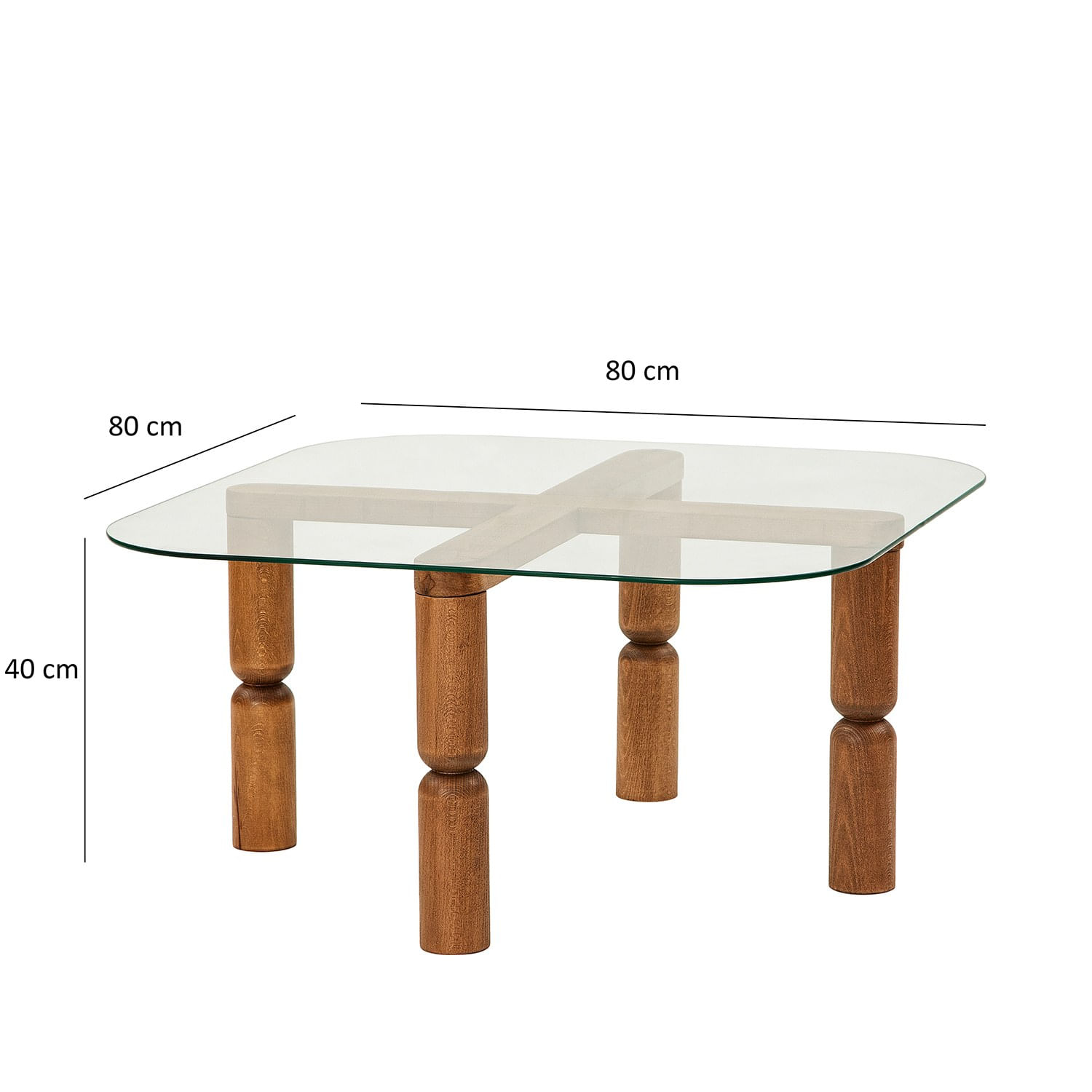 Masa de cafea, Hanah Home, sticla calita, cadru lemn masiv, nuc, 80x80x40 cm — imaginea 7
