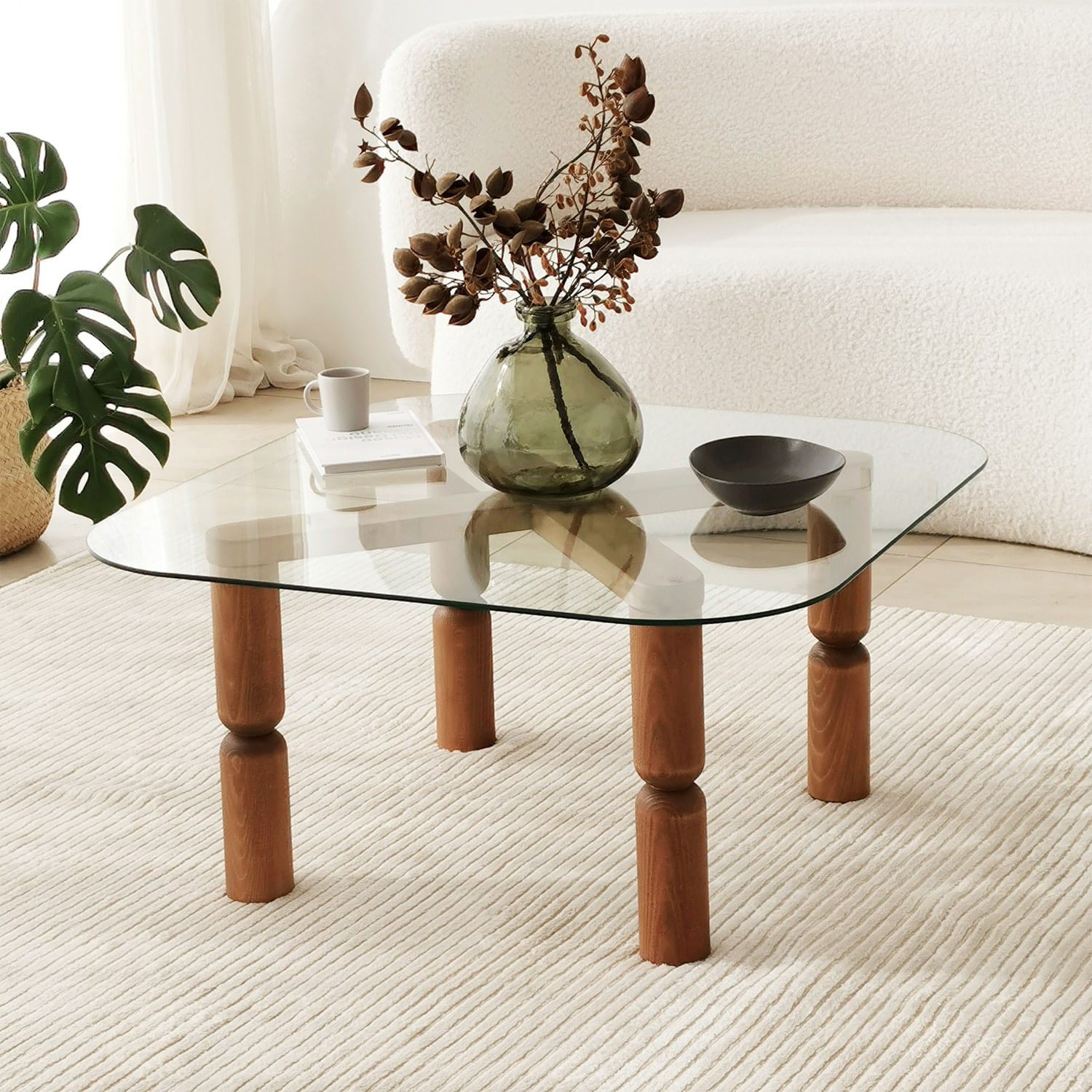Masa de cafea, Hanah Home, sticla calita, cadru lemn masiv, nuc, 80x80x40 cm — imaginea 8