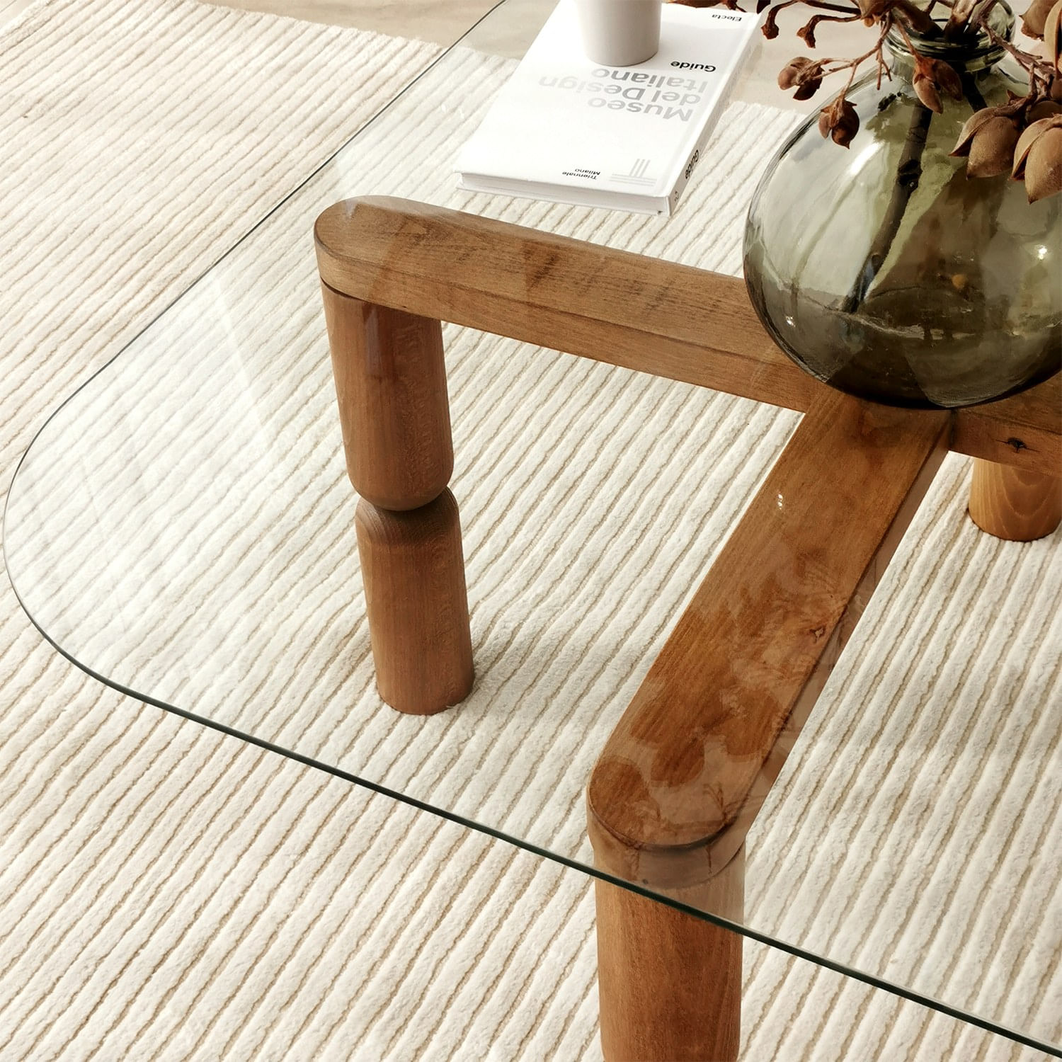 Masa de cafea, Hanah Home, sticla calita, cadru lemn masiv, nuc, 80x80x40 cm — imaginea 9