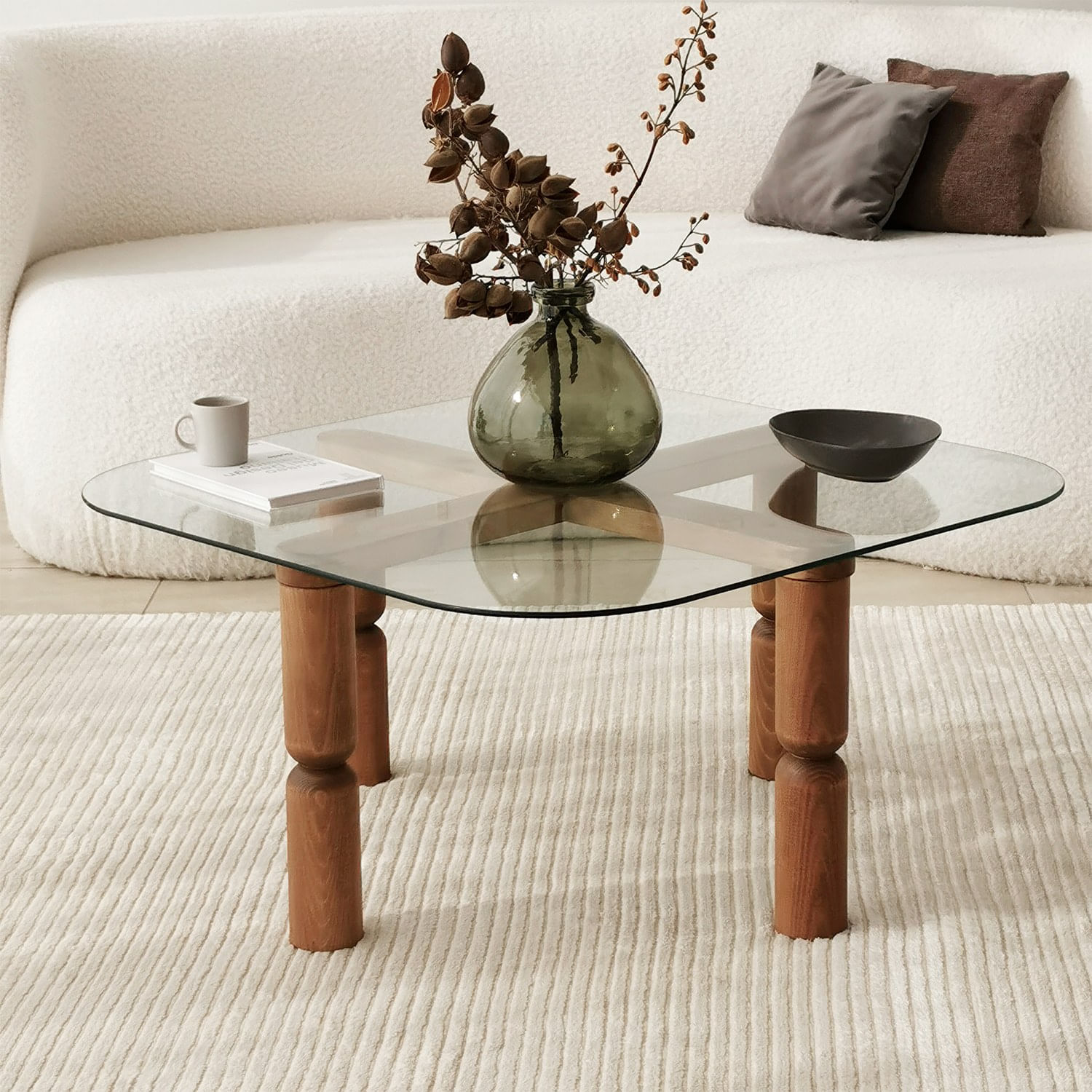 Masa de cafea, Hanah Home, sticla calita, cadru lemn masiv, nuc, 80x80x40 cm — imaginea 11