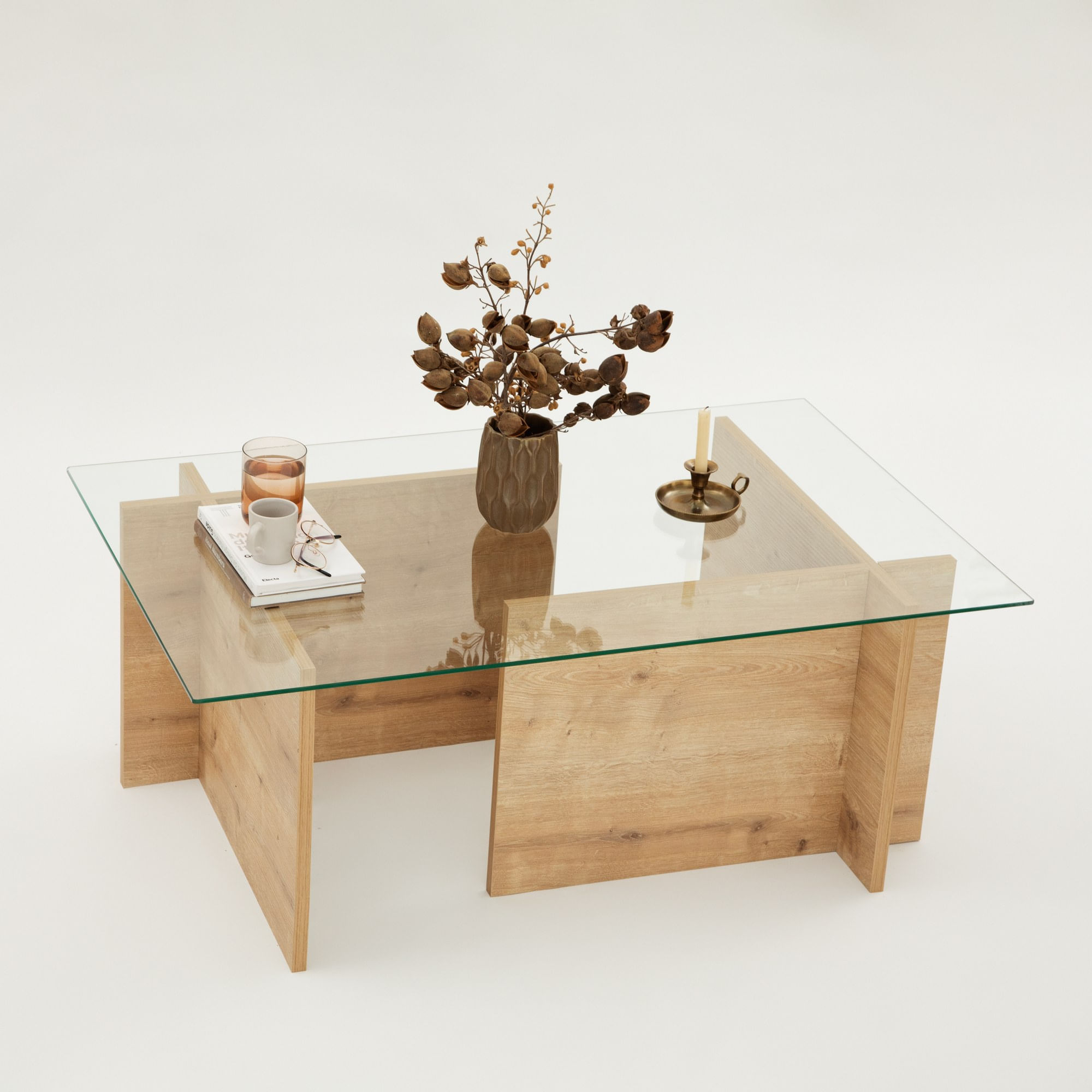 Masa de cafea, Hanah Home, sticla calita si lemn masiv, stejar safir, 105x65x40 cm — imaginea 2