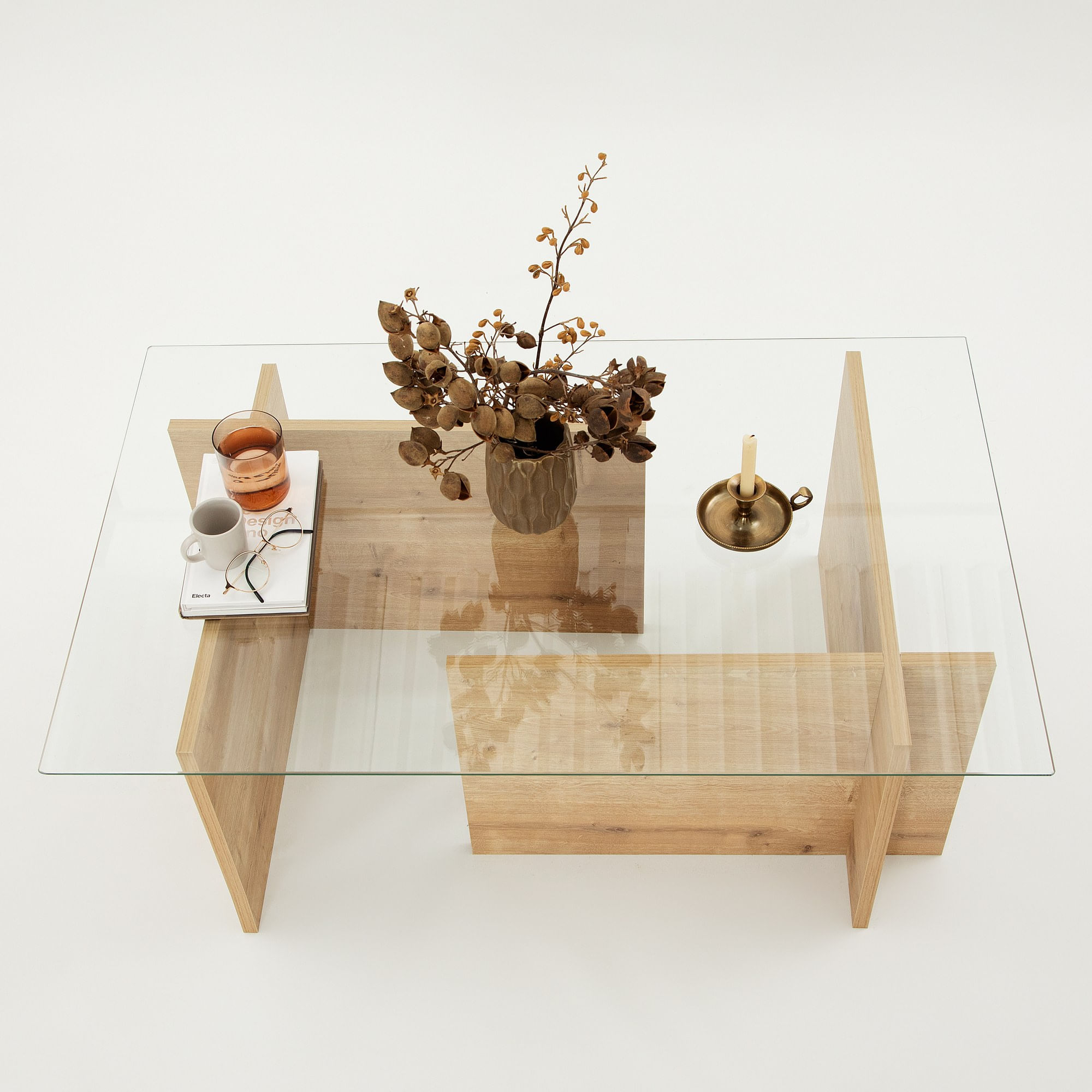 Masa de cafea, Hanah Home, sticla calita si lemn masiv, stejar safir, 105x65x40 cm — imaginea 3