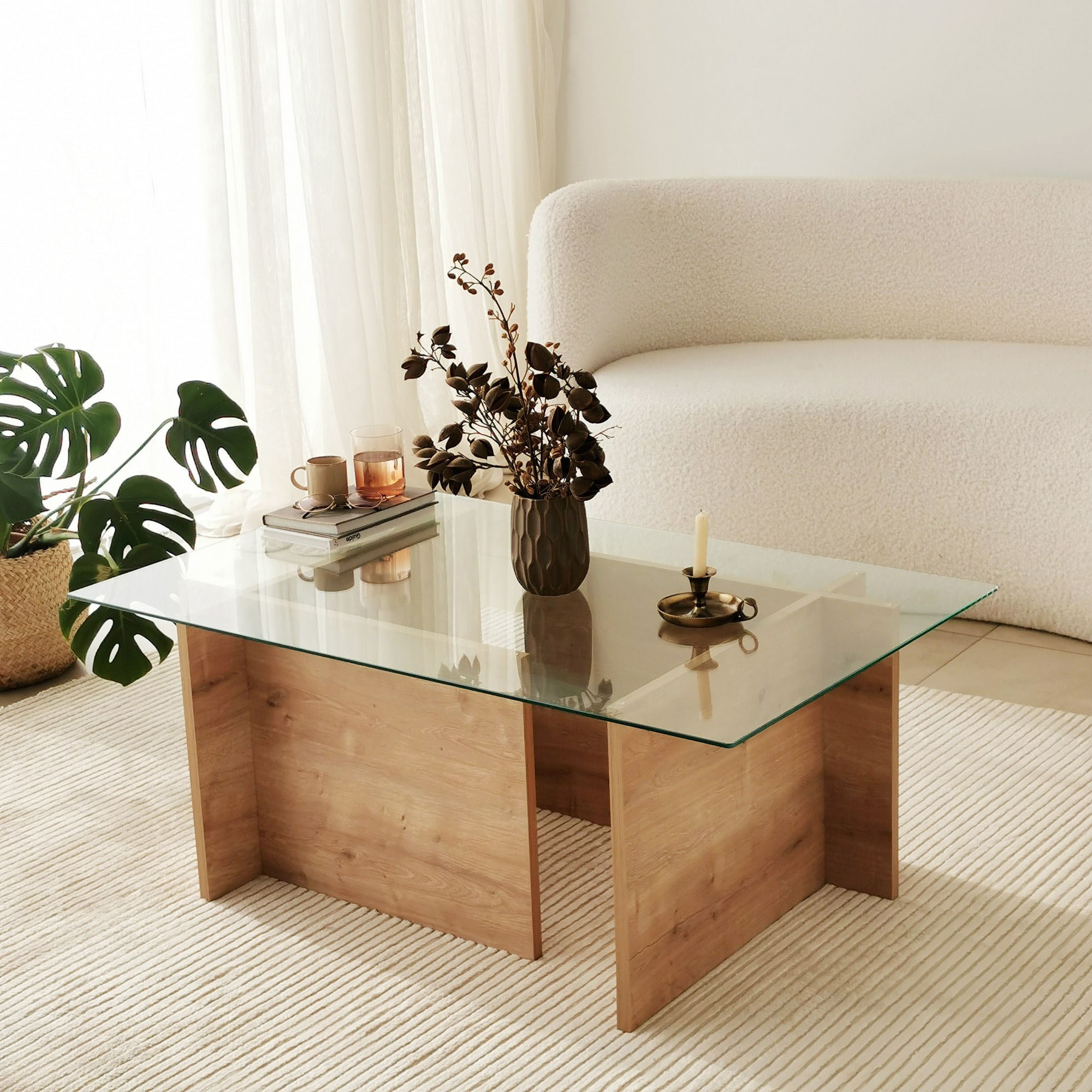 Masa de cafea, Hanah Home, sticla calita si lemn masiv, stejar safir, 105x65x40 cm — imaginea 6