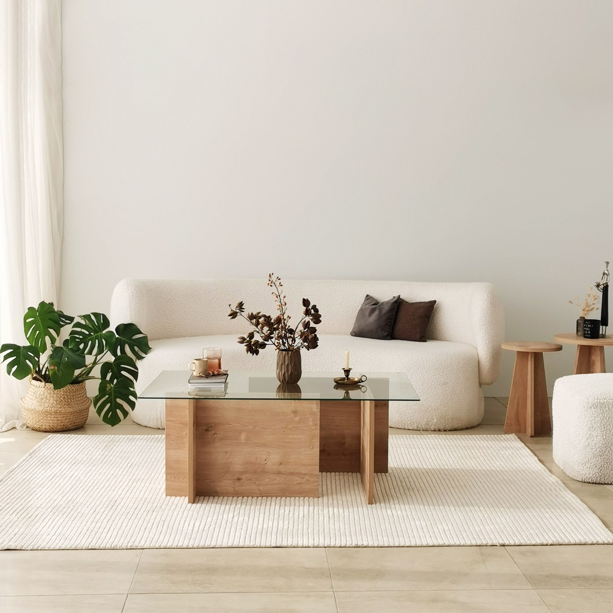 Masa de cafea, Hanah Home, sticla calita si lemn masiv, stejar safir, 105x65x40 cm — imaginea 7