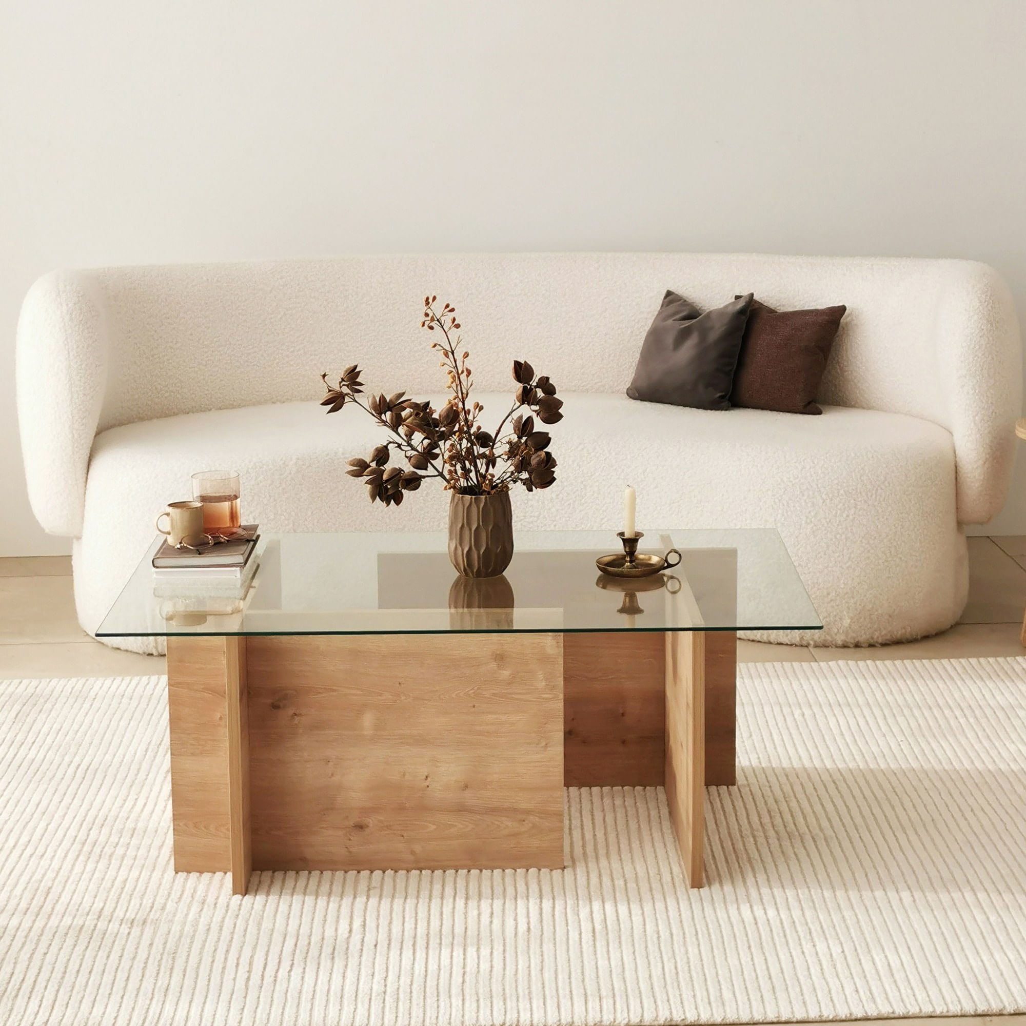 Masa de cafea, Hanah Home, sticla calita si lemn masiv, stejar safir, 105x65x40 cm — imaginea 8