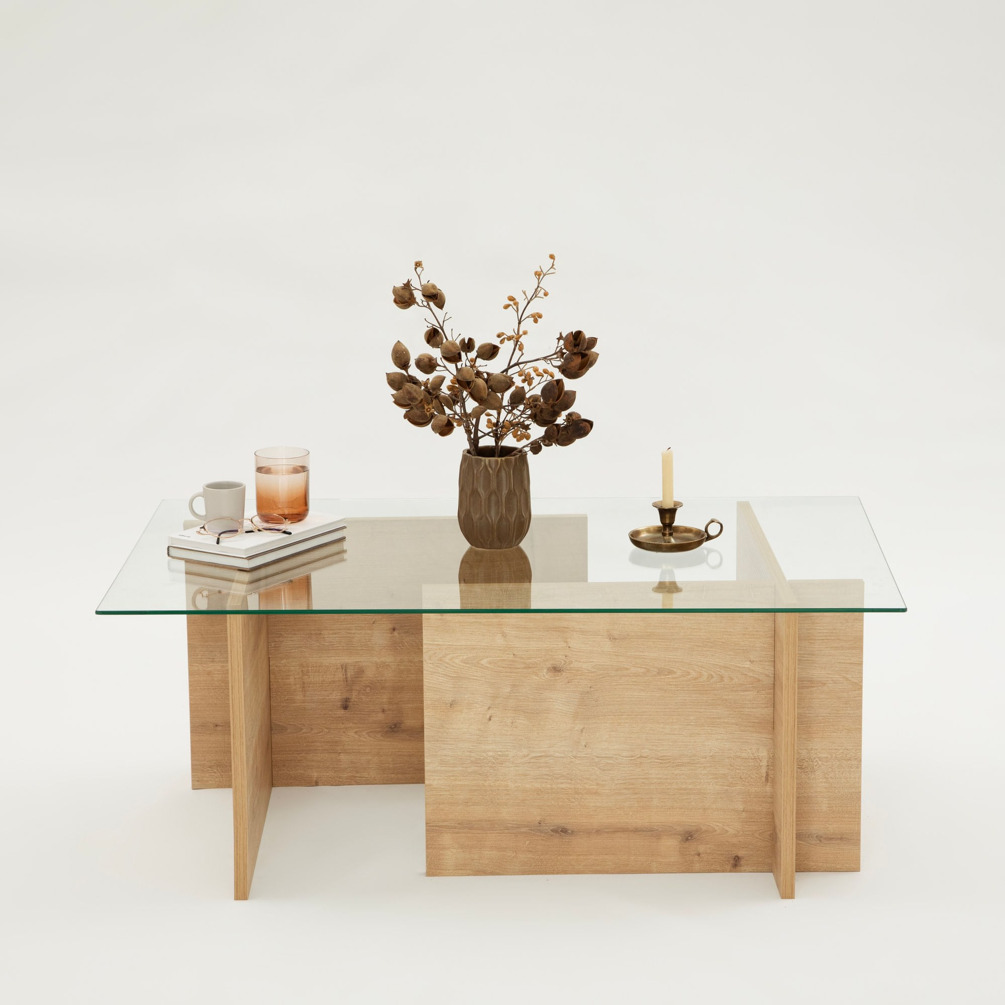 Masa de cafea, Hanah Home, sticla calita si lemn masiv, stejar safir, 105x65x40 cm — imaginea 9
