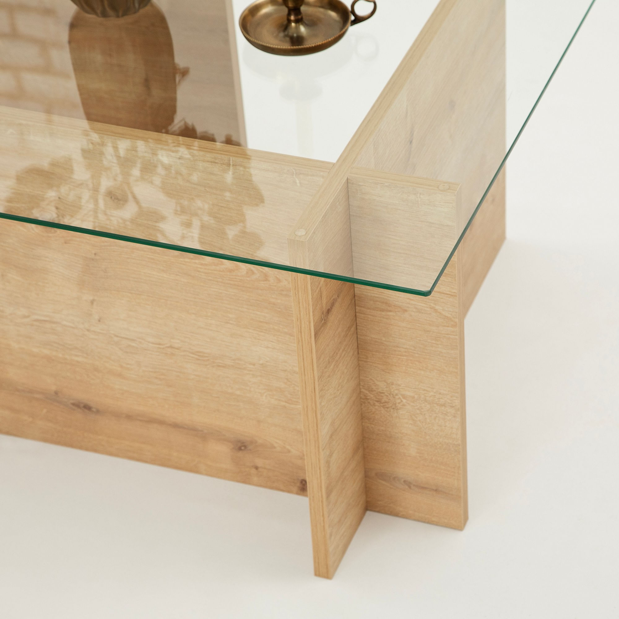 Masa de cafea, Hanah Home, sticla calita si lemn masiv, stejar safir, 105x65x40 cm — imaginea 10