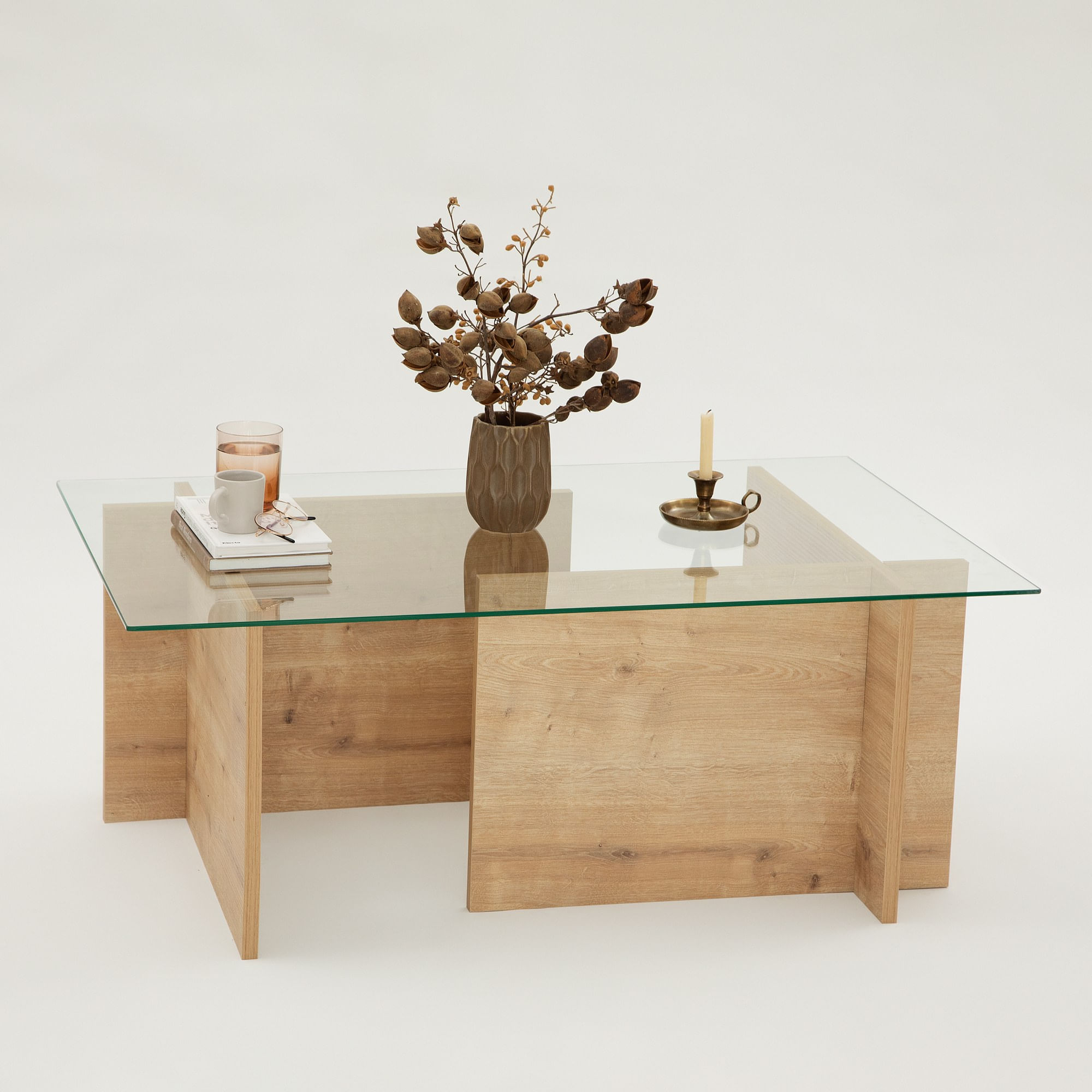 Masa de cafea, Hanah Home, sticla calita si lemn masiv, stejar safir, 105x65x40 cm — imaginea 11