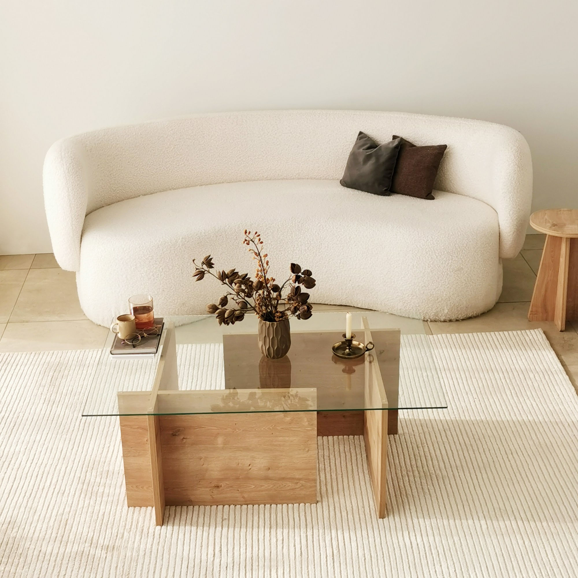 Masa de cafea, Hanah Home, sticla calita si lemn masiv, stejar safir, 105x65x40 cm — imaginea 12