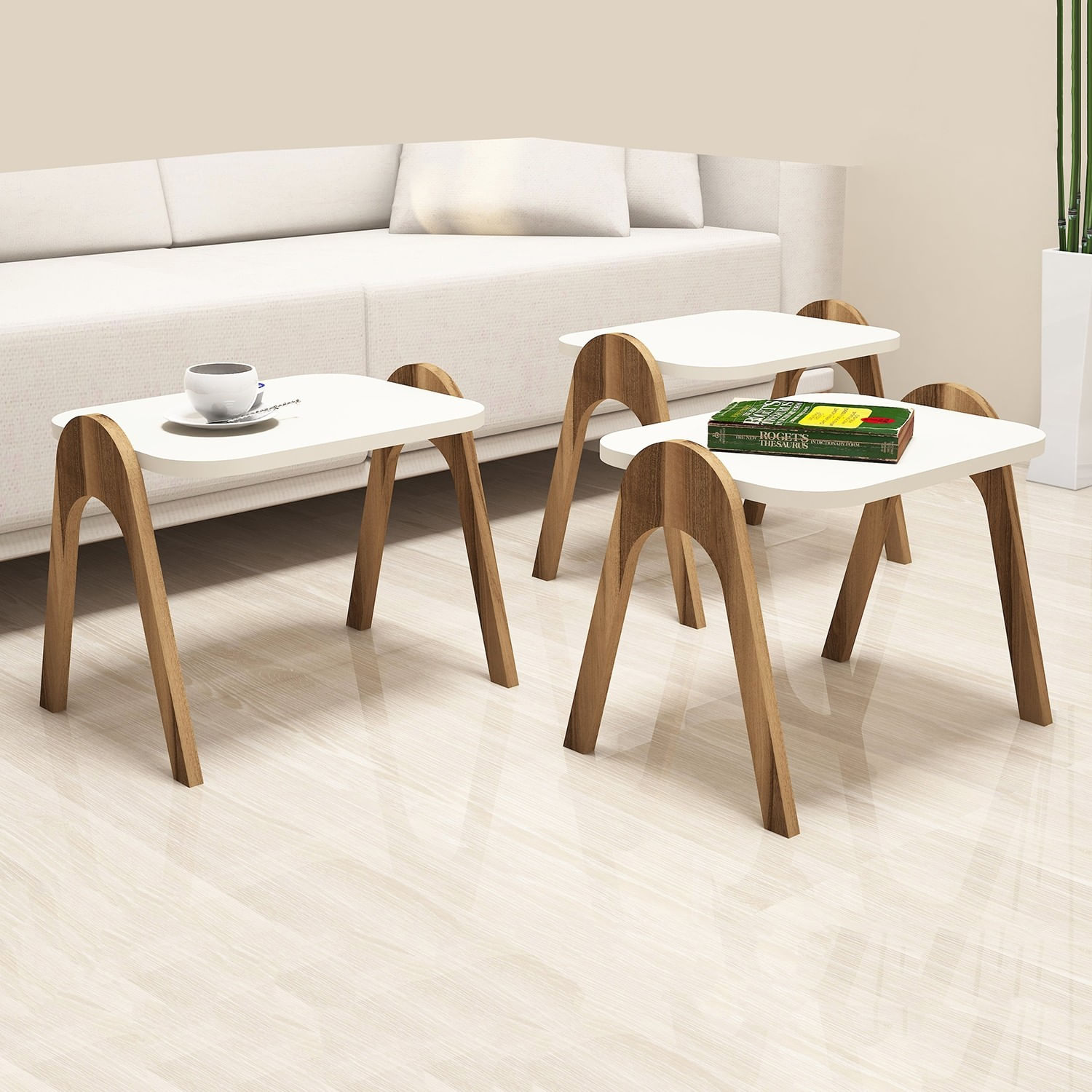 Masute de cafea, Hanah Home, pal melaminat, nuc si crem, 48.6x35.5x42 cm, set 3 piese — imaginea 3
