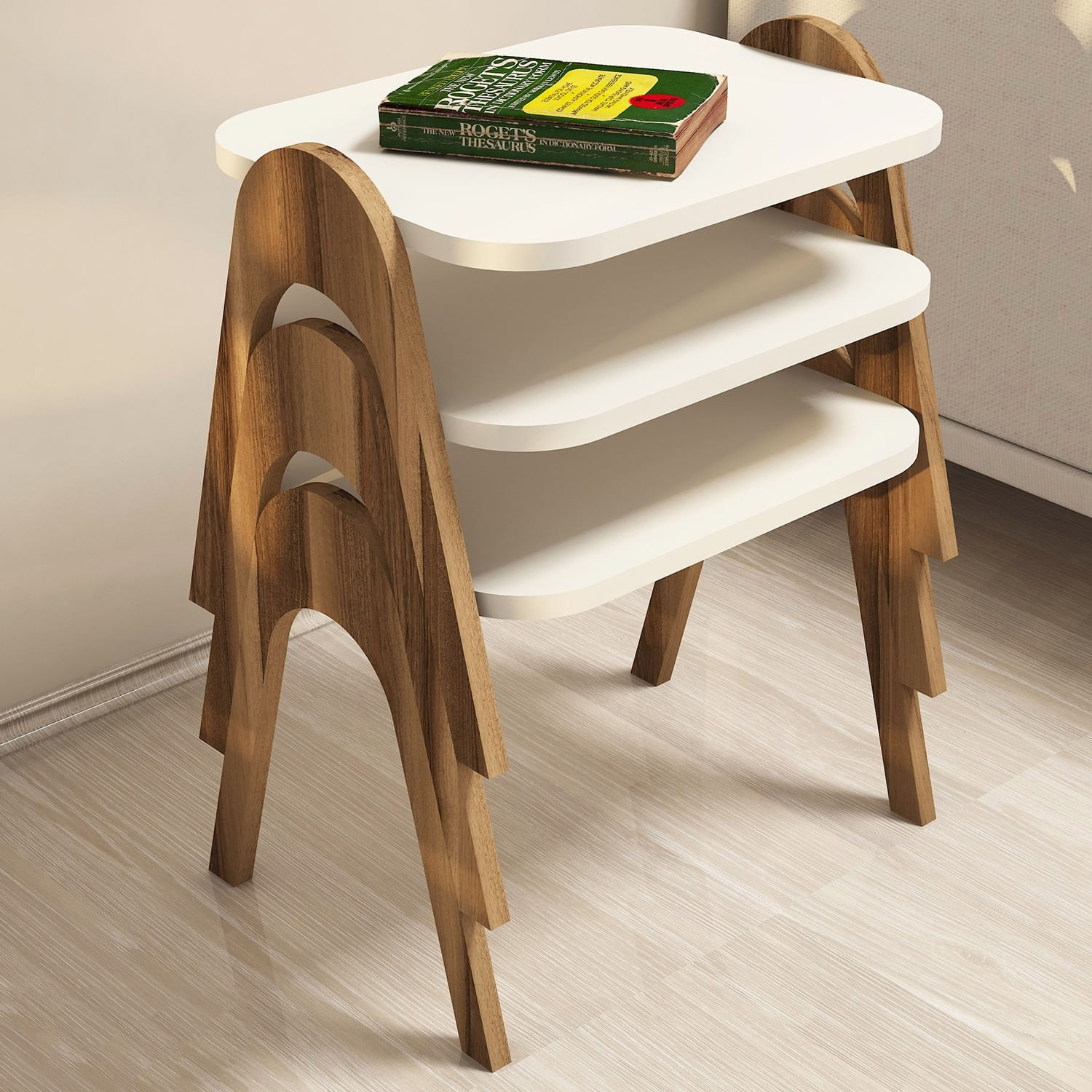Masute de cafea, Hanah Home, pal melaminat, nuc si crem, 48.6x35.5x42 cm, set 3 piese — imaginea 4