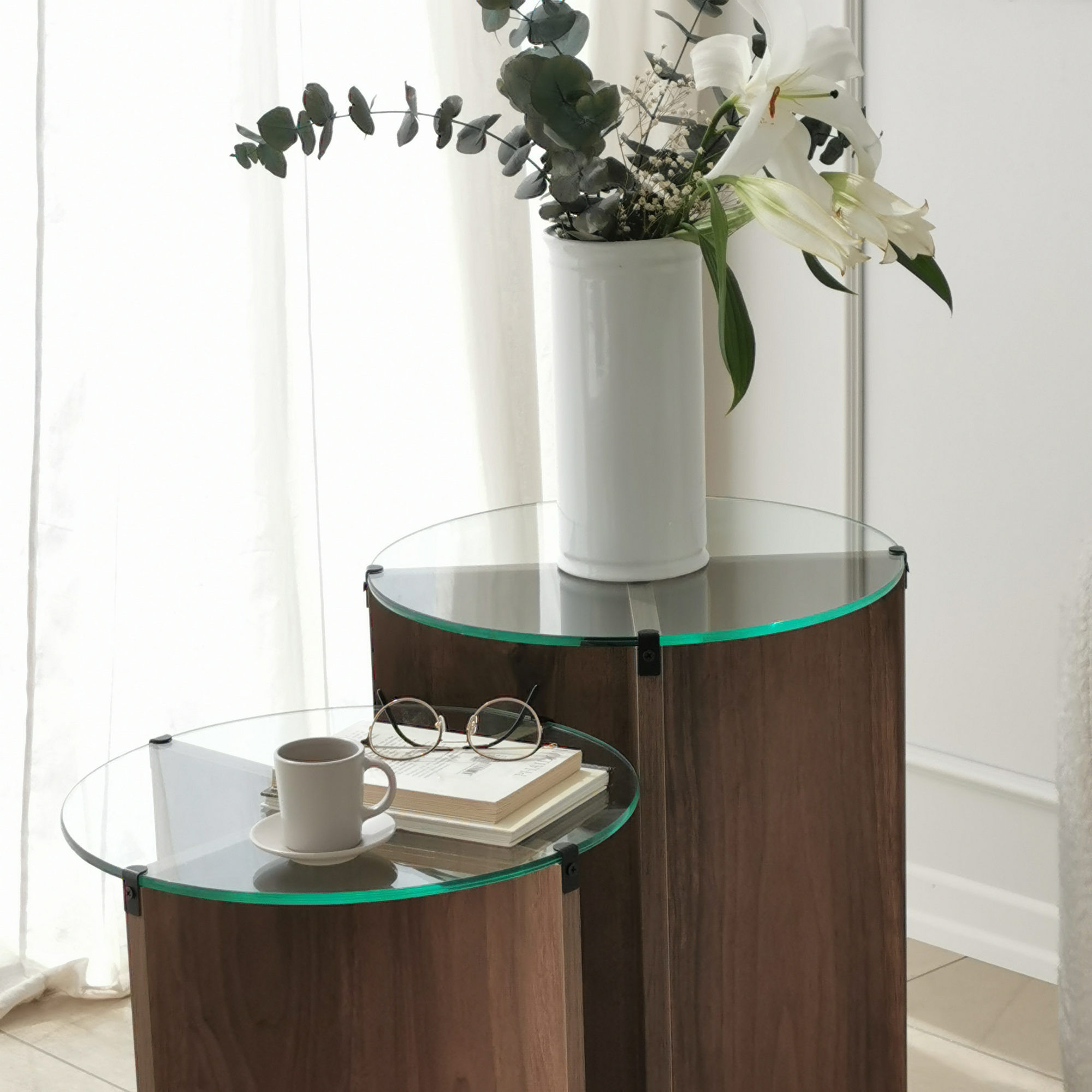 Masute de cafea, Hanah Home, sticla calita si pal melaminat, nuc, 40x50/60 cm, set 2 piese — imaginea 7