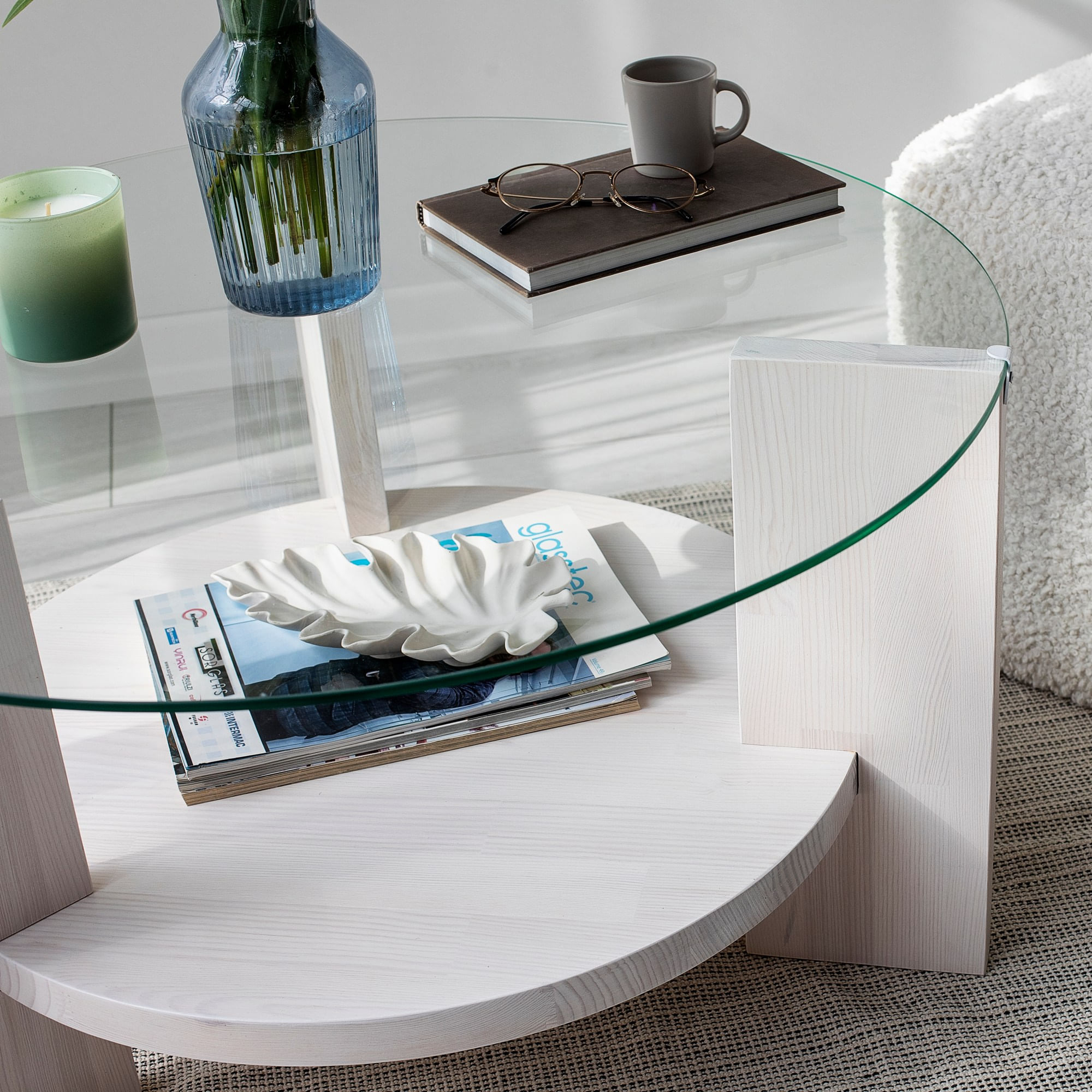 Masa de cafea, Hanah Home, sticla temperata si lemn masiv de pin, alb, 75x75x40 cm — imaginea 5