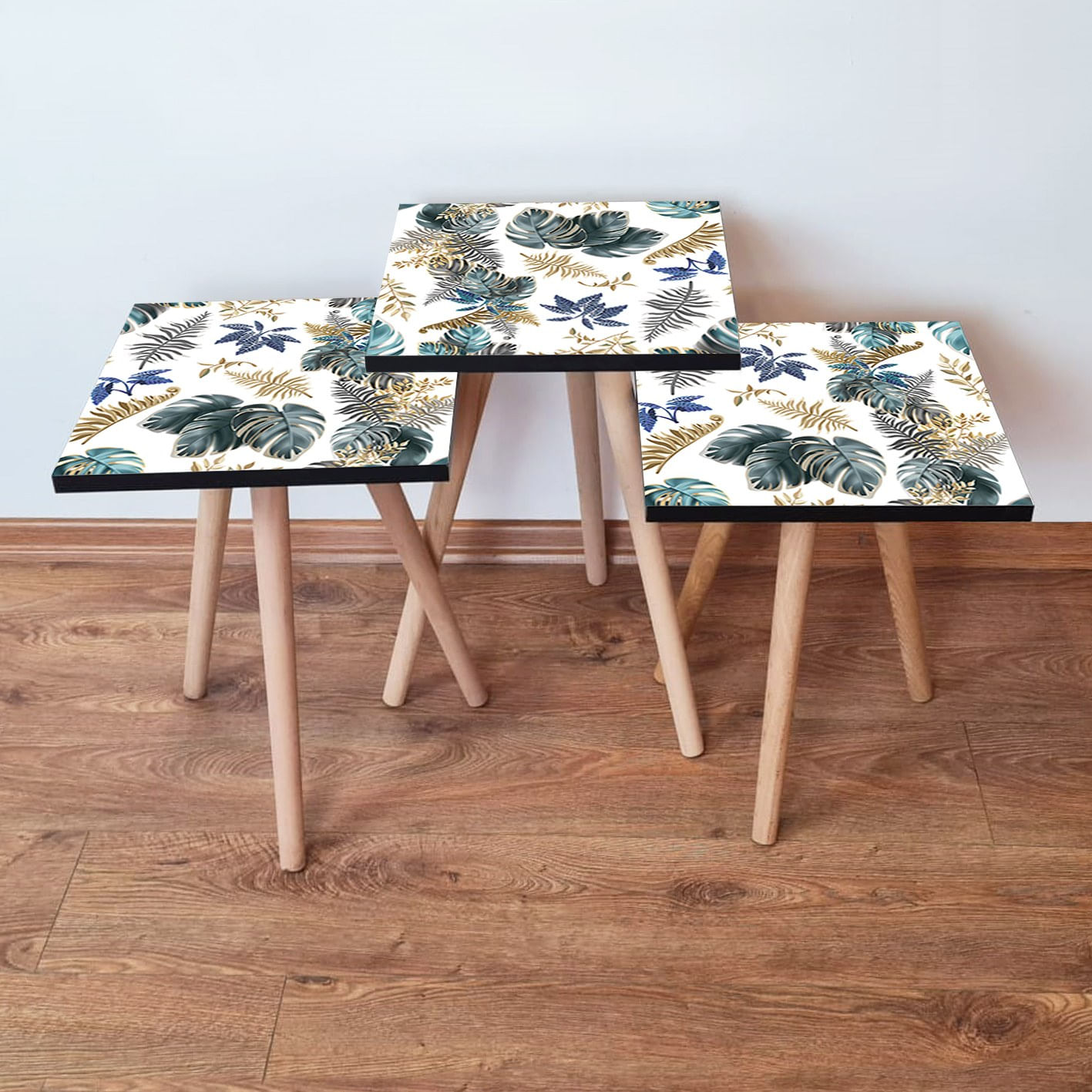 Set masute cuib, Hanah Home, mdf, bej verde auriu albastru marin, 35x35x52 cm