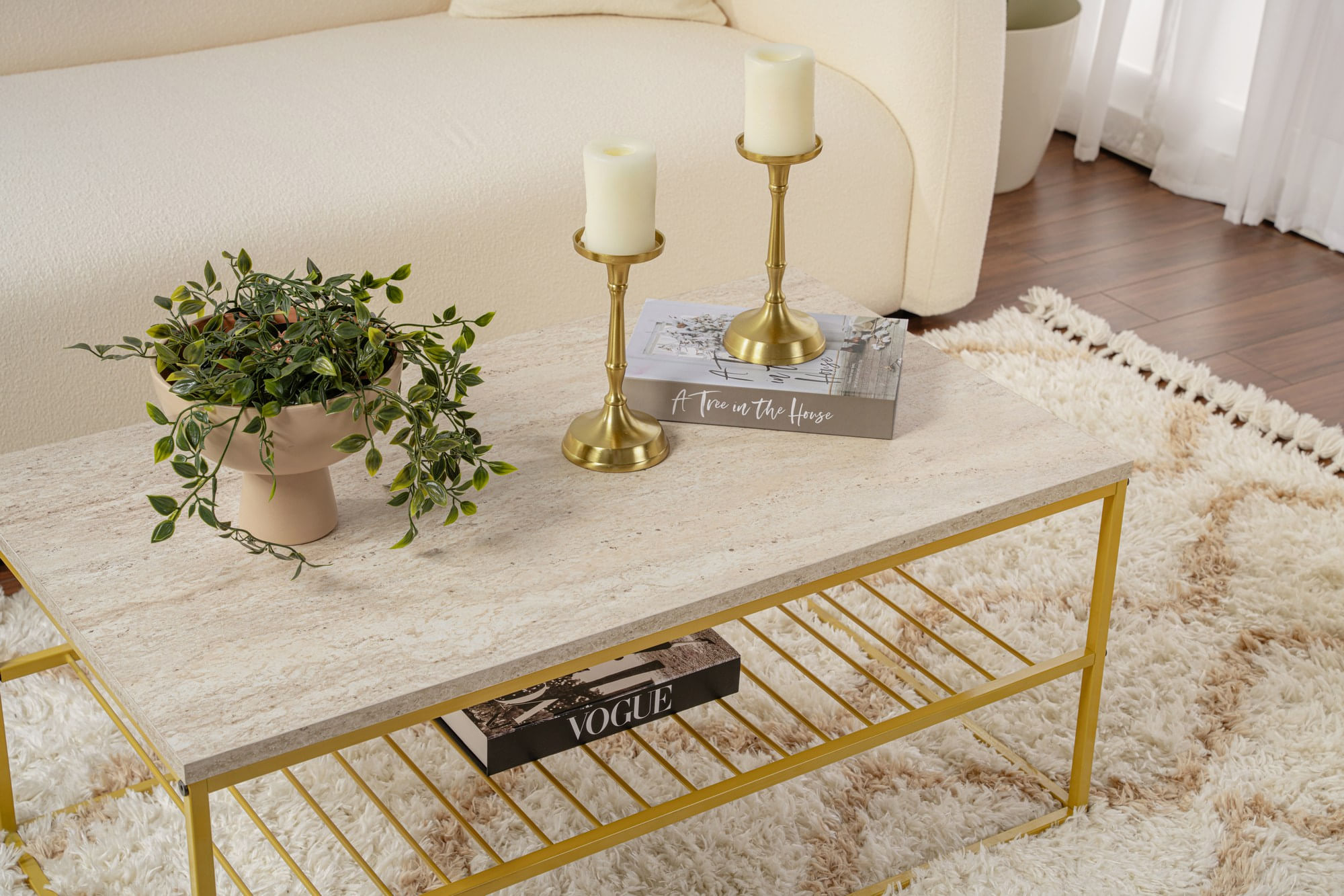 Masa de cafea, Hanah Home, melamina, travertin auriu, 95x55x42 cm — imaginea 6