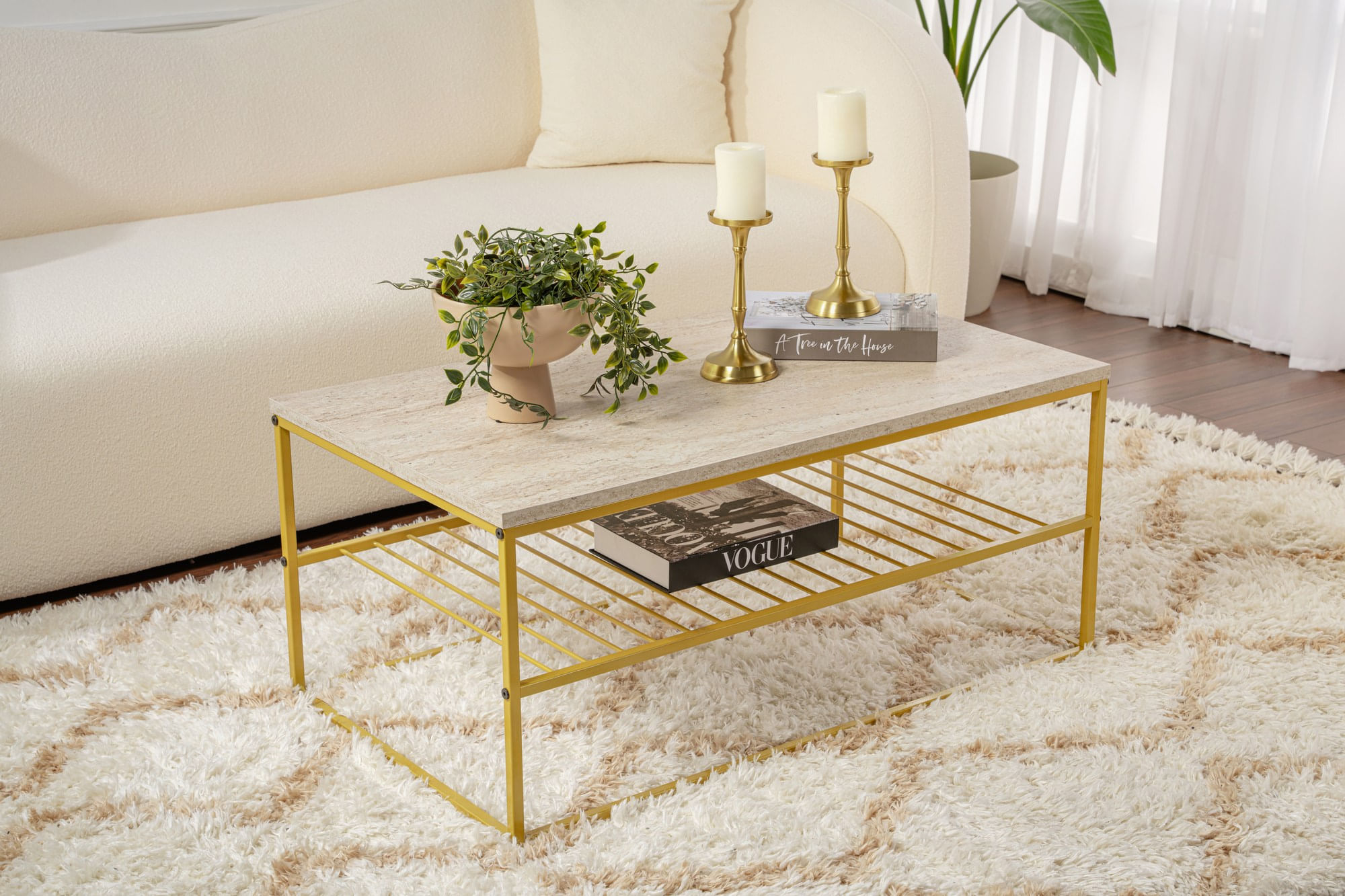 Masa de cafea, Hanah Home, melamina, travertin auriu, 95x55x42 cm — imaginea 8