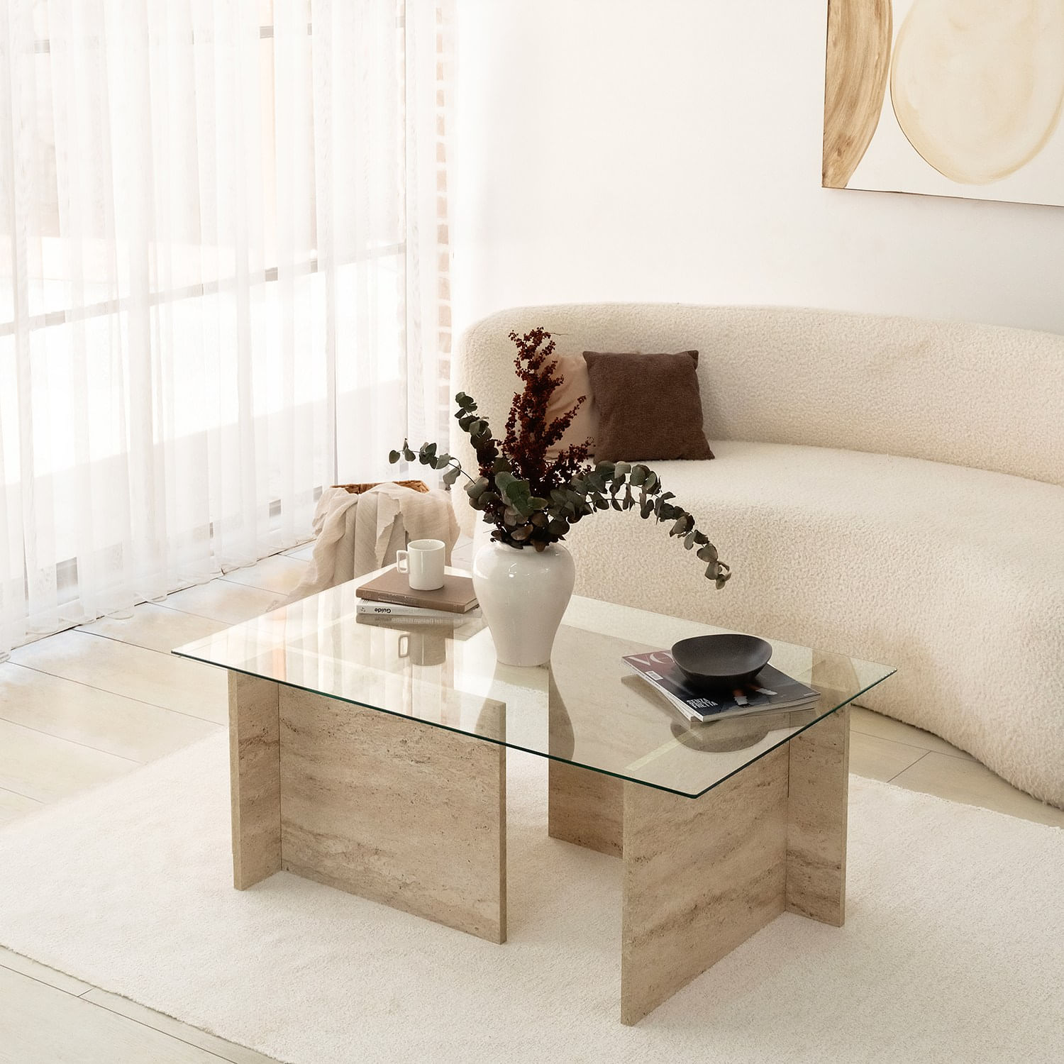 Masa de cafea, Hanah Home, sticla si PAL melaminat, travertin, 105x65x40 cm — imaginea 2