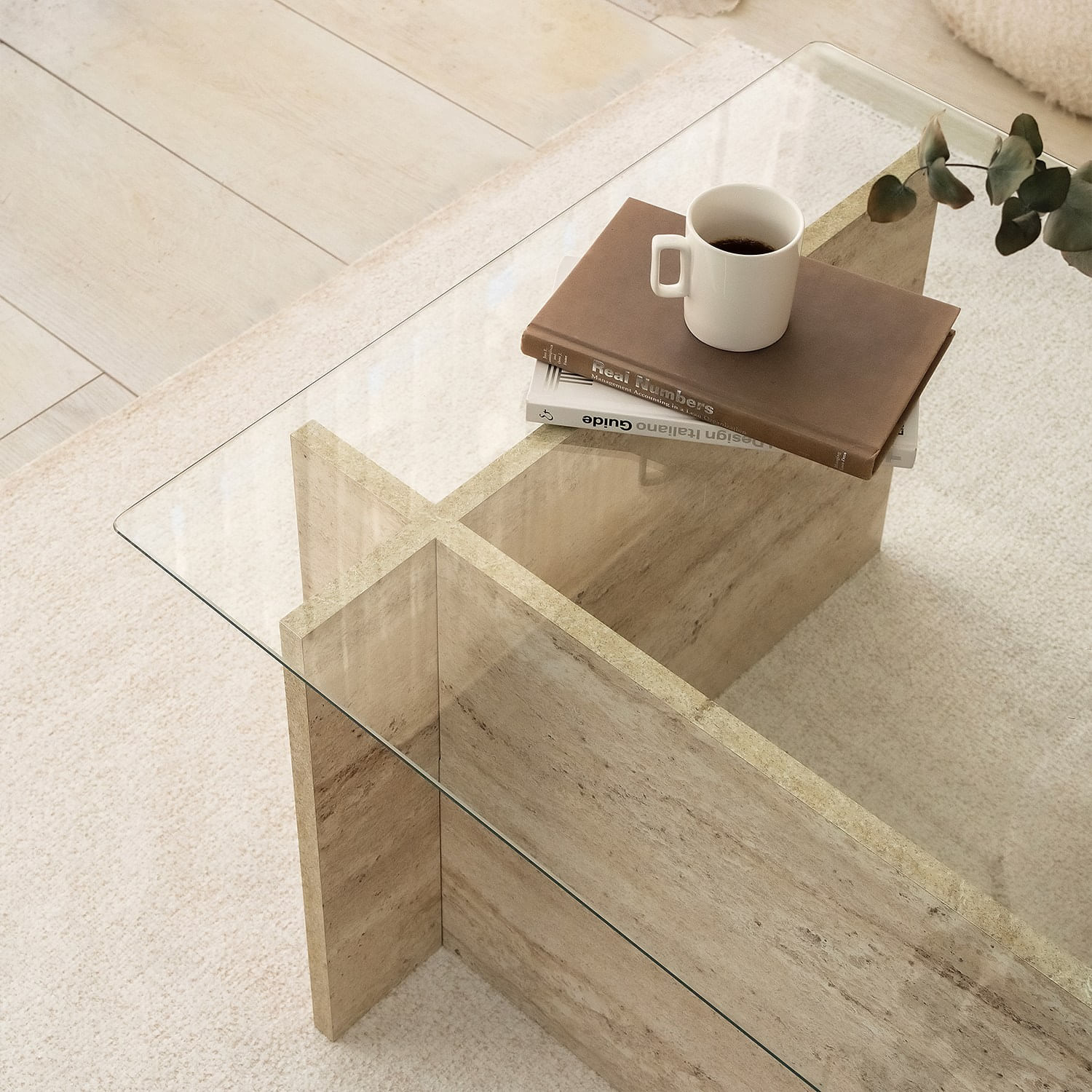 Masa de cafea, Hanah Home, sticla si PAL melaminat, travertin, 105x65x40 cm — imaginea 4