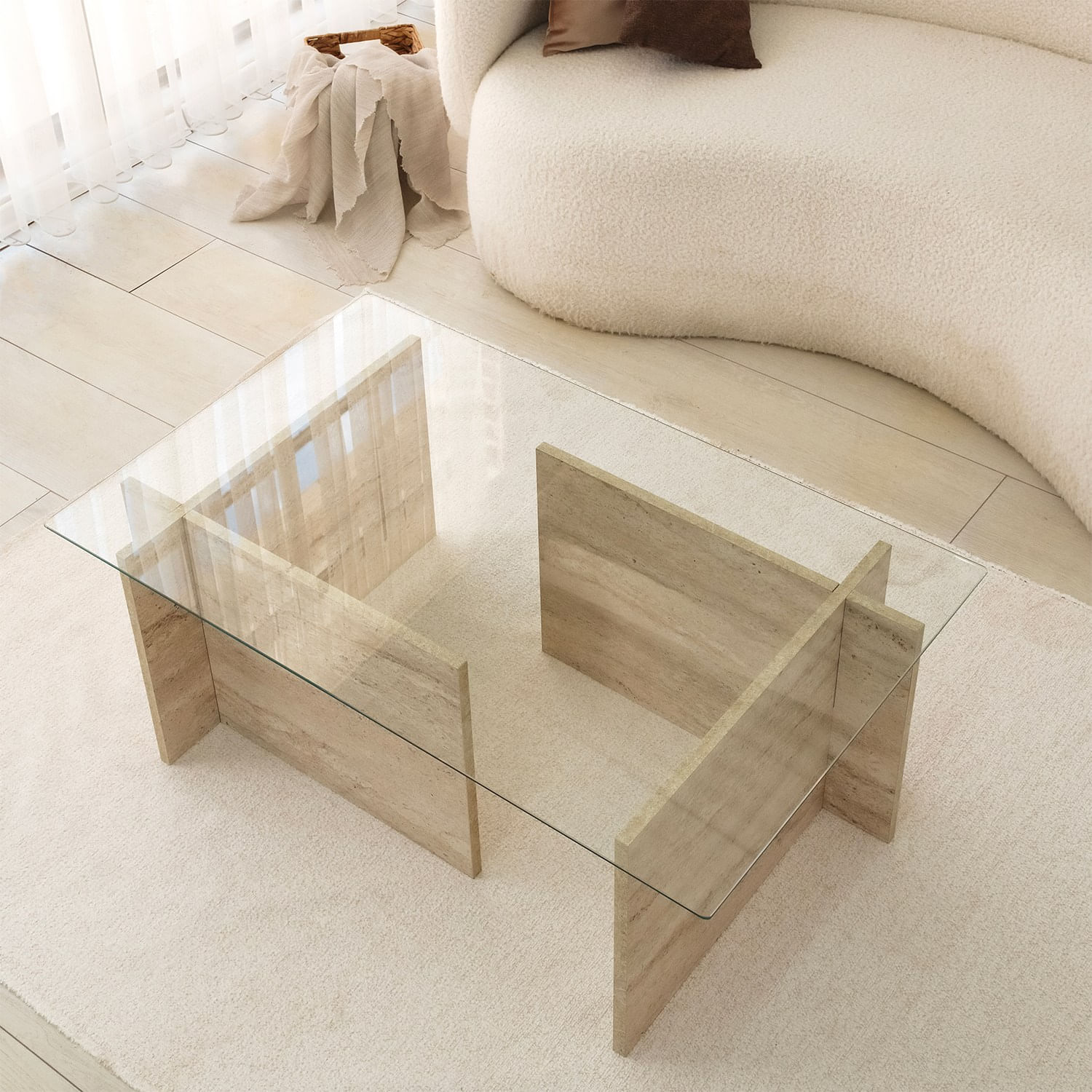 Masa de cafea, Hanah Home, sticla si PAL melaminat, travertin, 105x65x40 cm — imaginea 5