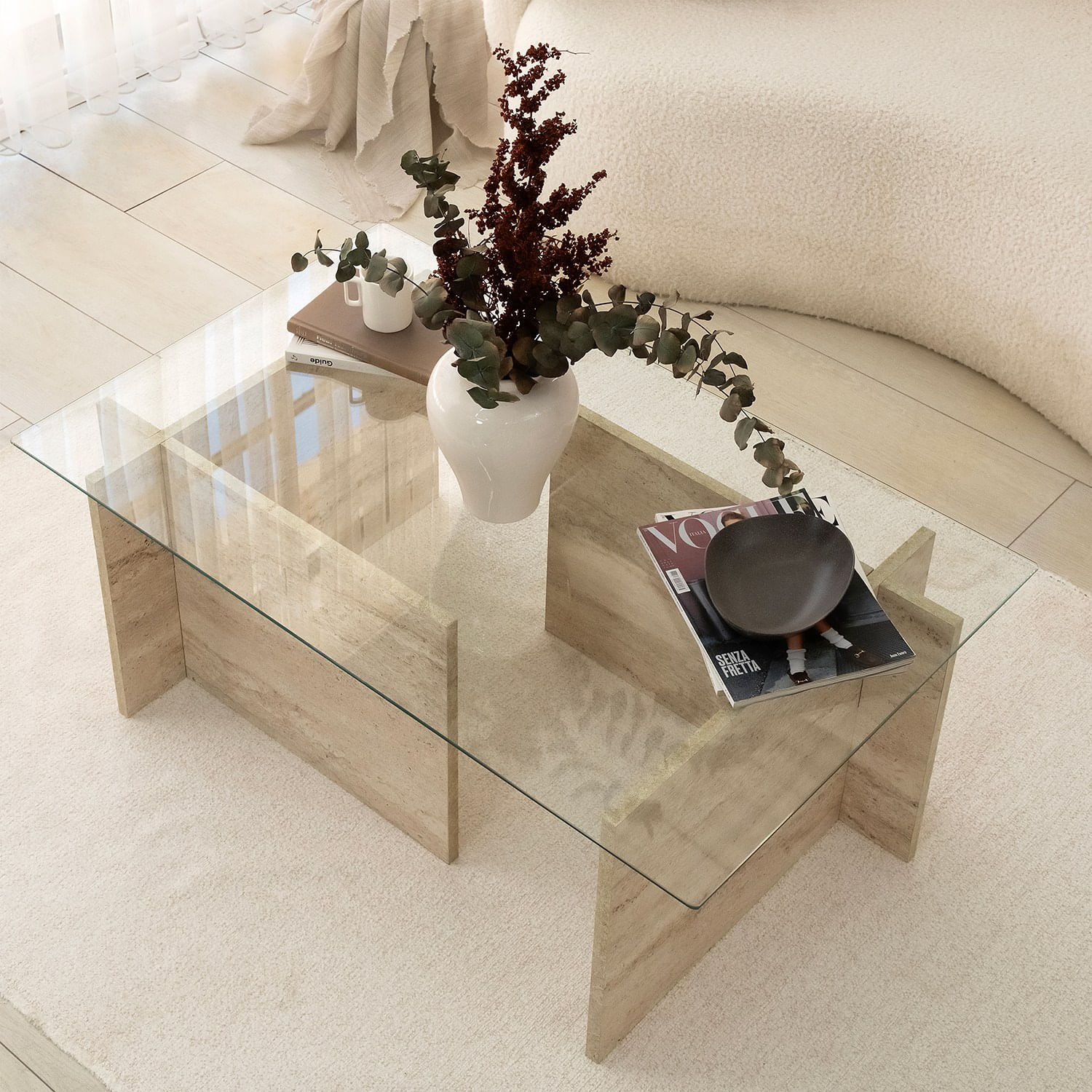 Masa de cafea, Hanah Home, sticla si PAL melaminat, travertin, 105x65x40 cm — imaginea 7